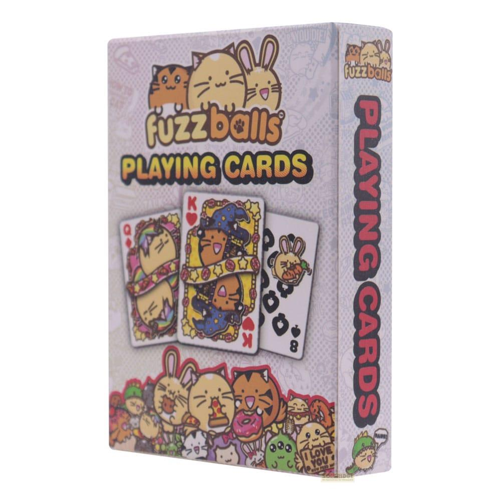 Spielkartenbox mit Katzen- und Hasenmotiven, drei Karten vorne.