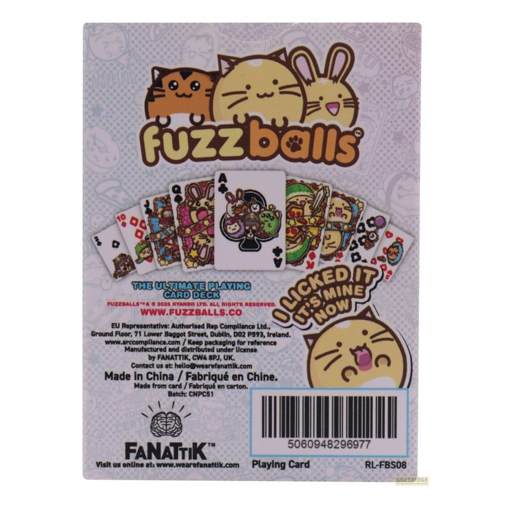 Rückseite eines Fuzzballs-Spielkartenspiels mit Katzen- und Hasenmotiven.