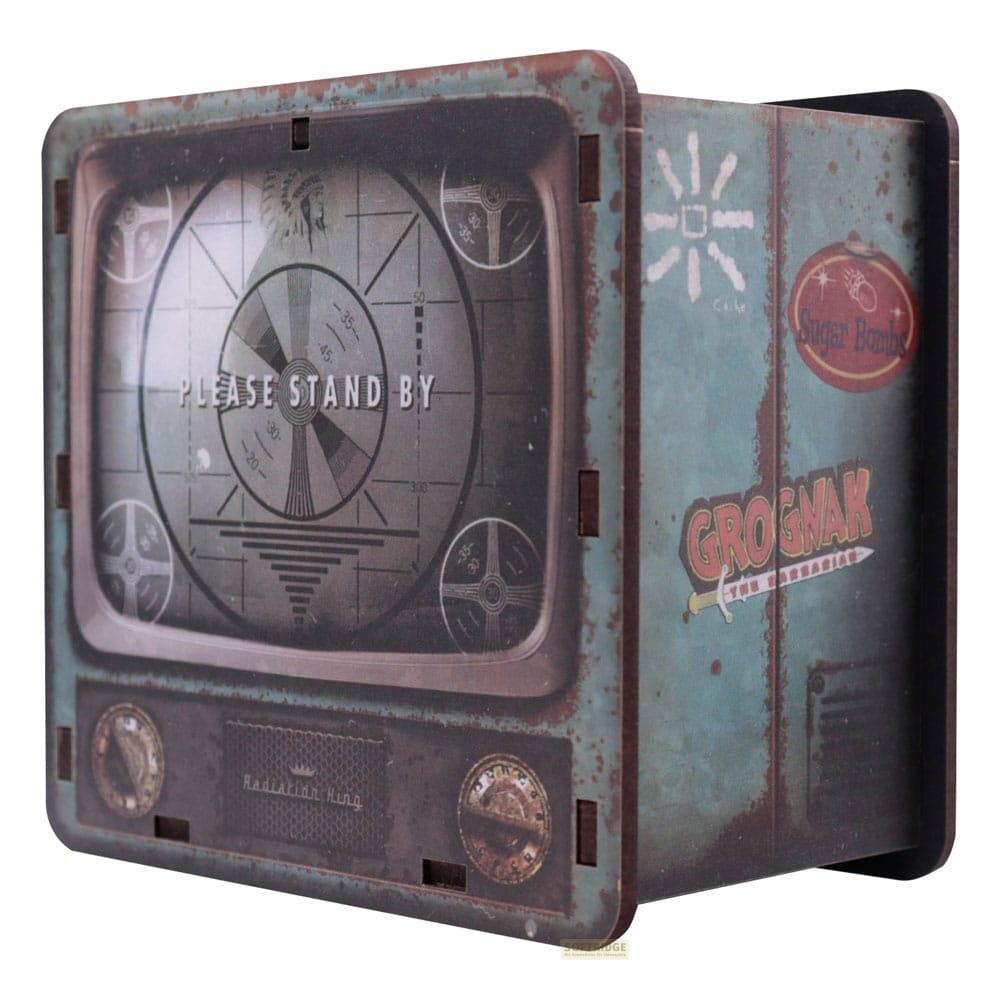 Eine alte Röhrenfernseh-Box mit Testbild und "PLEASE STAND BY".