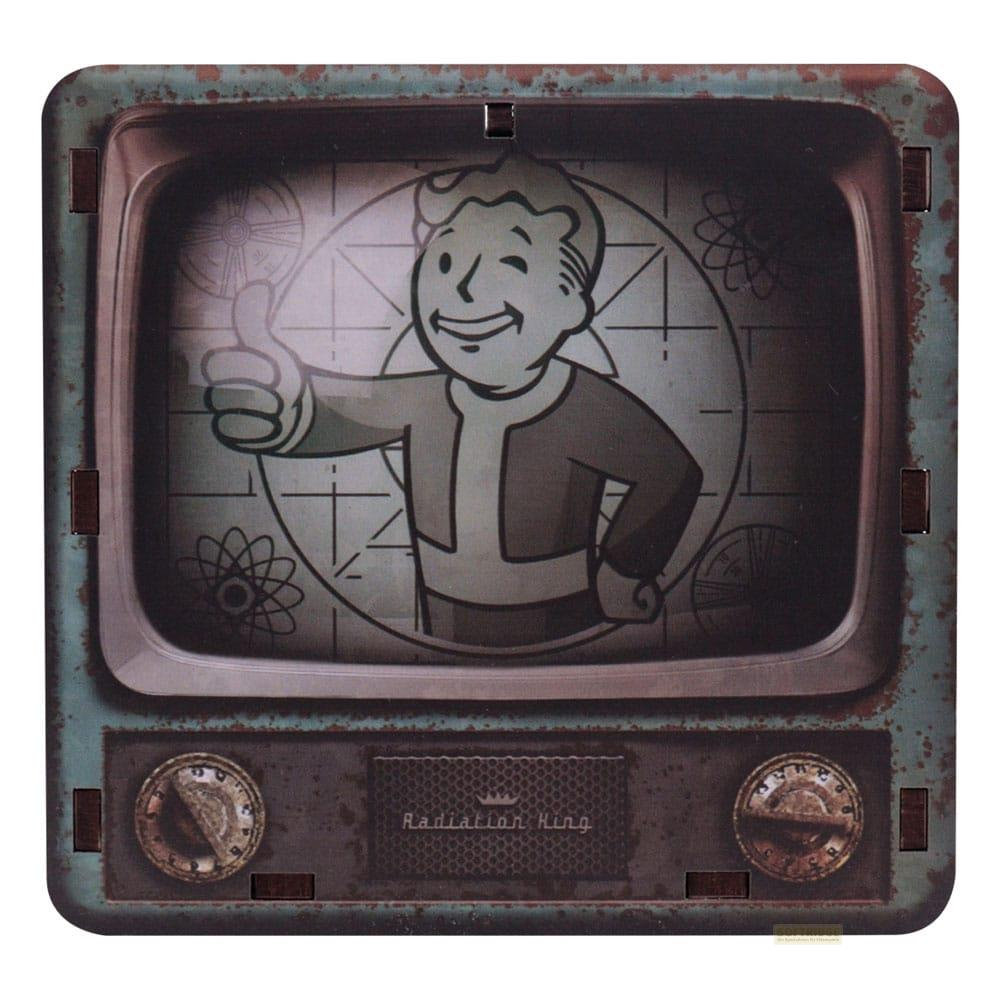 Retro-TV zeigt Vault Boy mit Daumen hoch. Bildschirm zeigt Radiation King Logo.