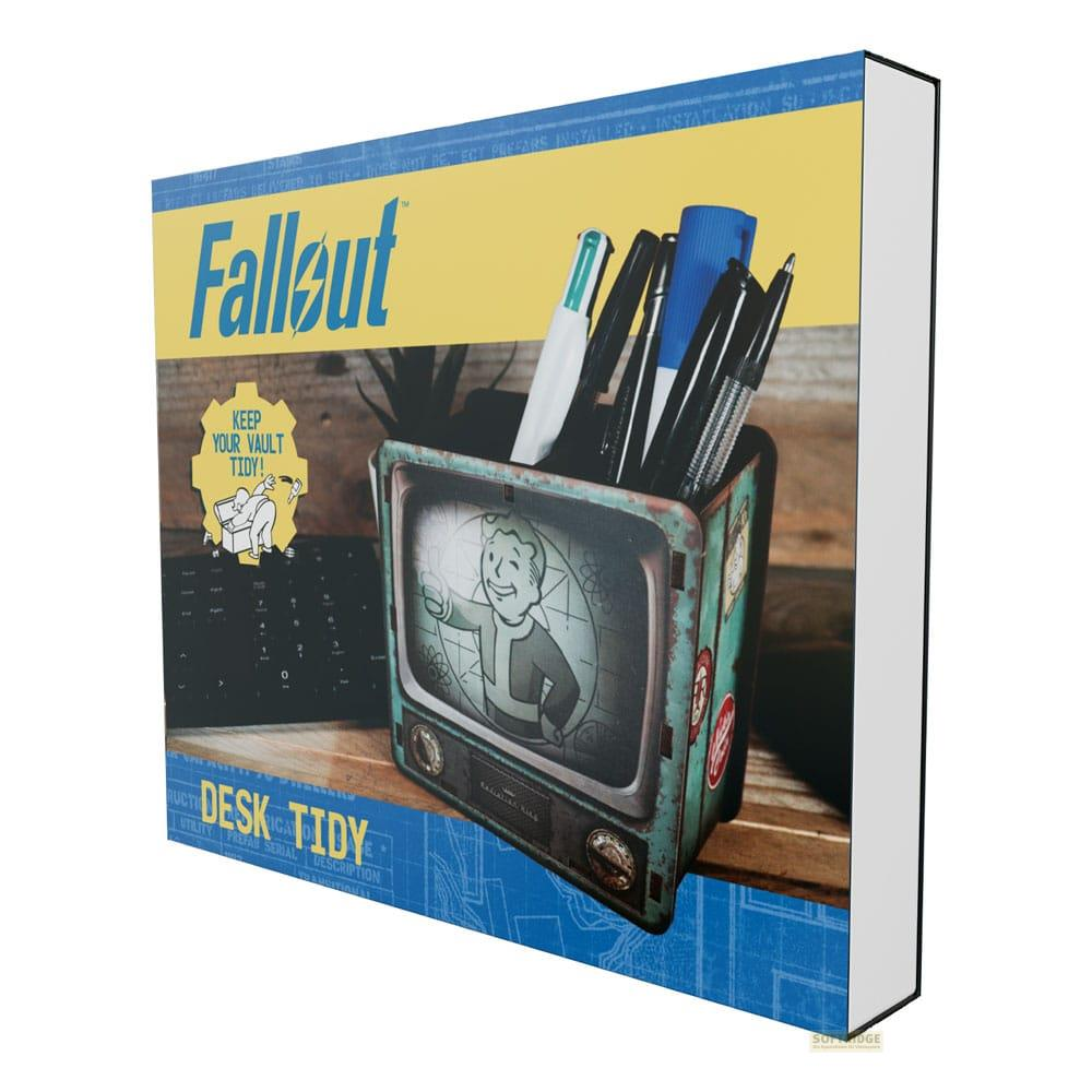 Schreibtisch-Organizer im Fallout-Stil mit Stiften und Vault Boy-Bild.