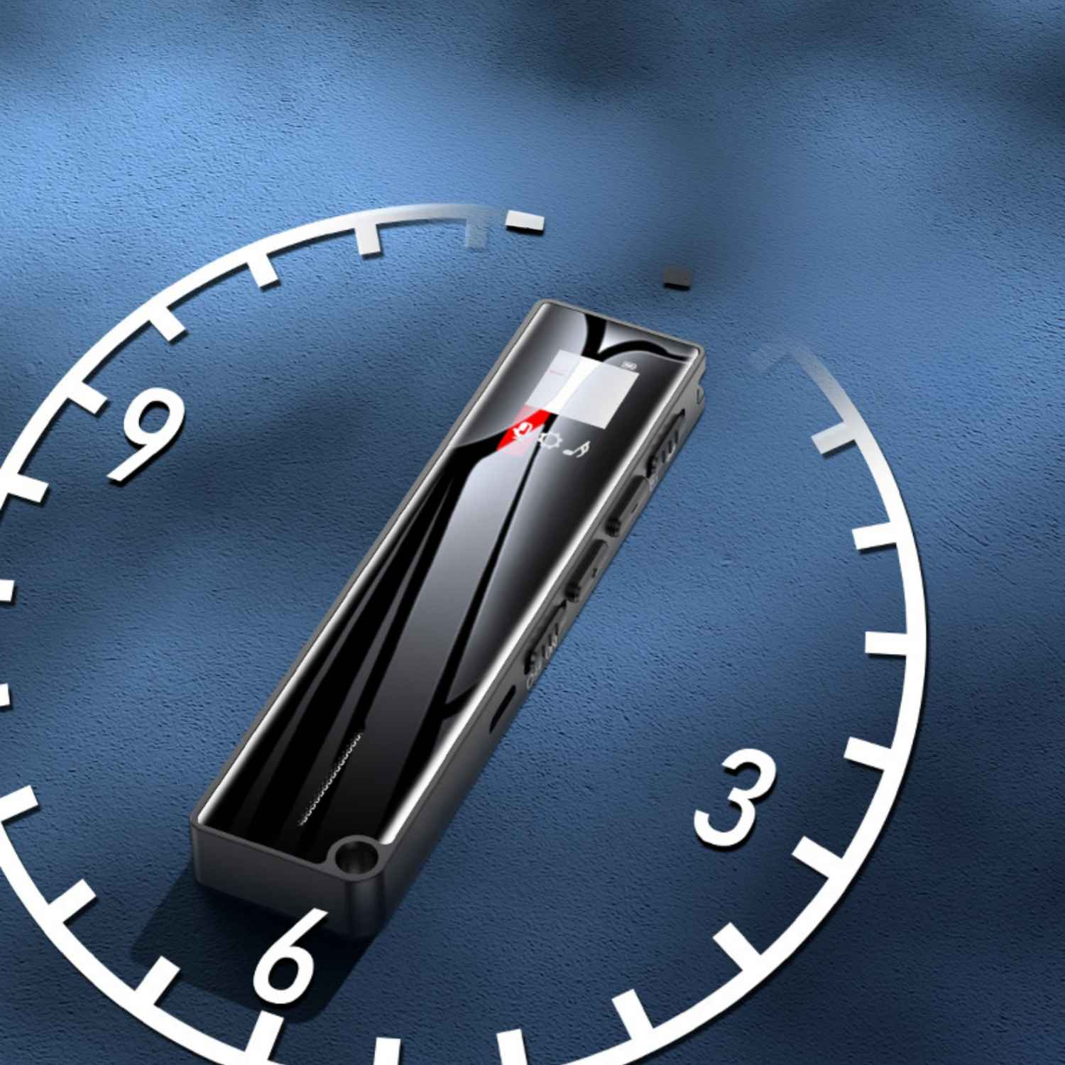 Ein schwarzer digitaler Rekorder liegt auf blauem Hintergrund mit einer Uhr-Grafik.