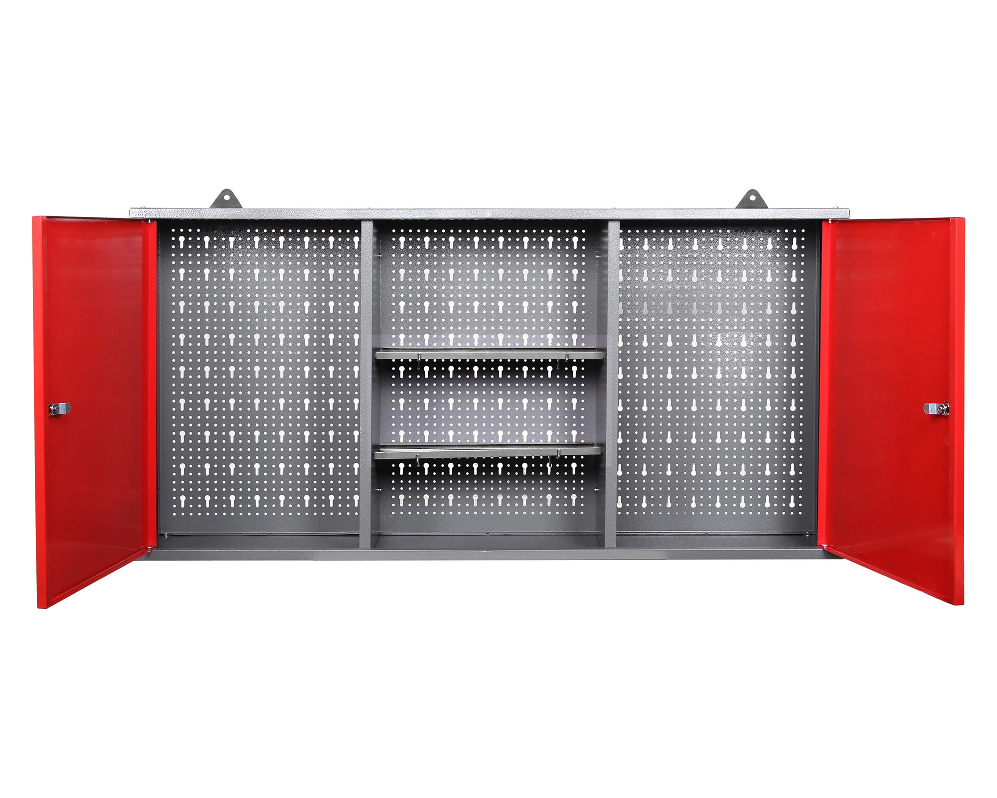 Offener roter Werkzeugschrank mit Lochwand und zwei Einlegeböden.