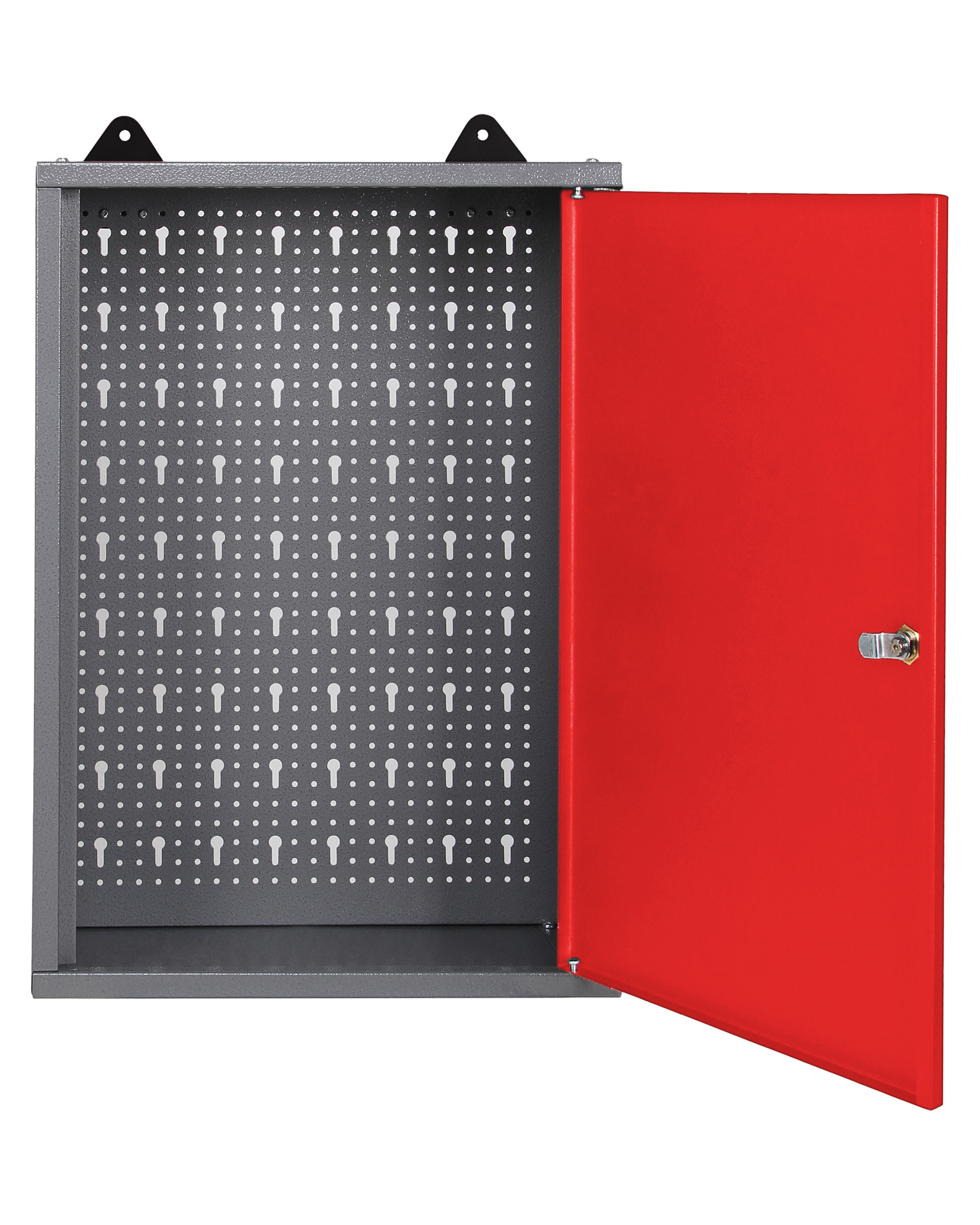 Grauer Metallschrank mit roter Tür, innen mit Hakenleiste.