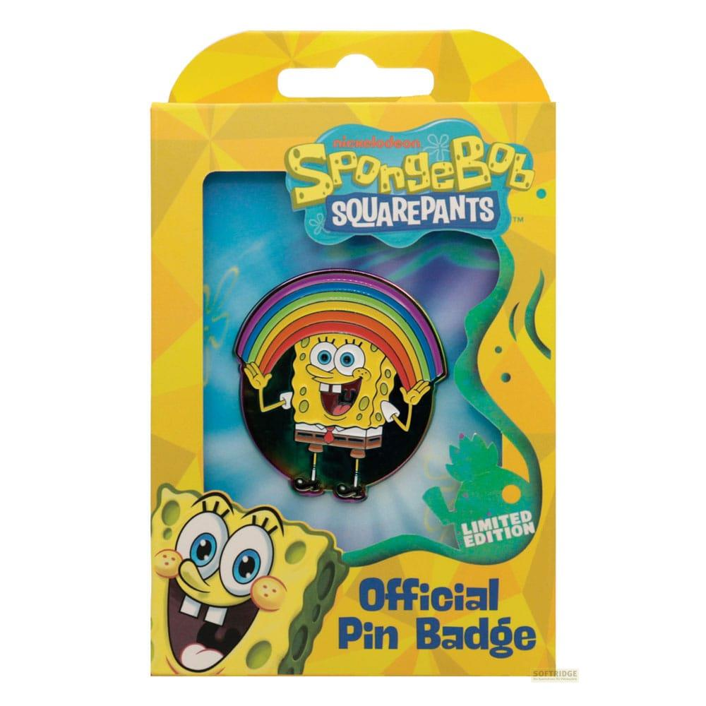 Pin de Bob Esponja con arcoíris y texto 'Edición Limitada' en empaque amarillo.