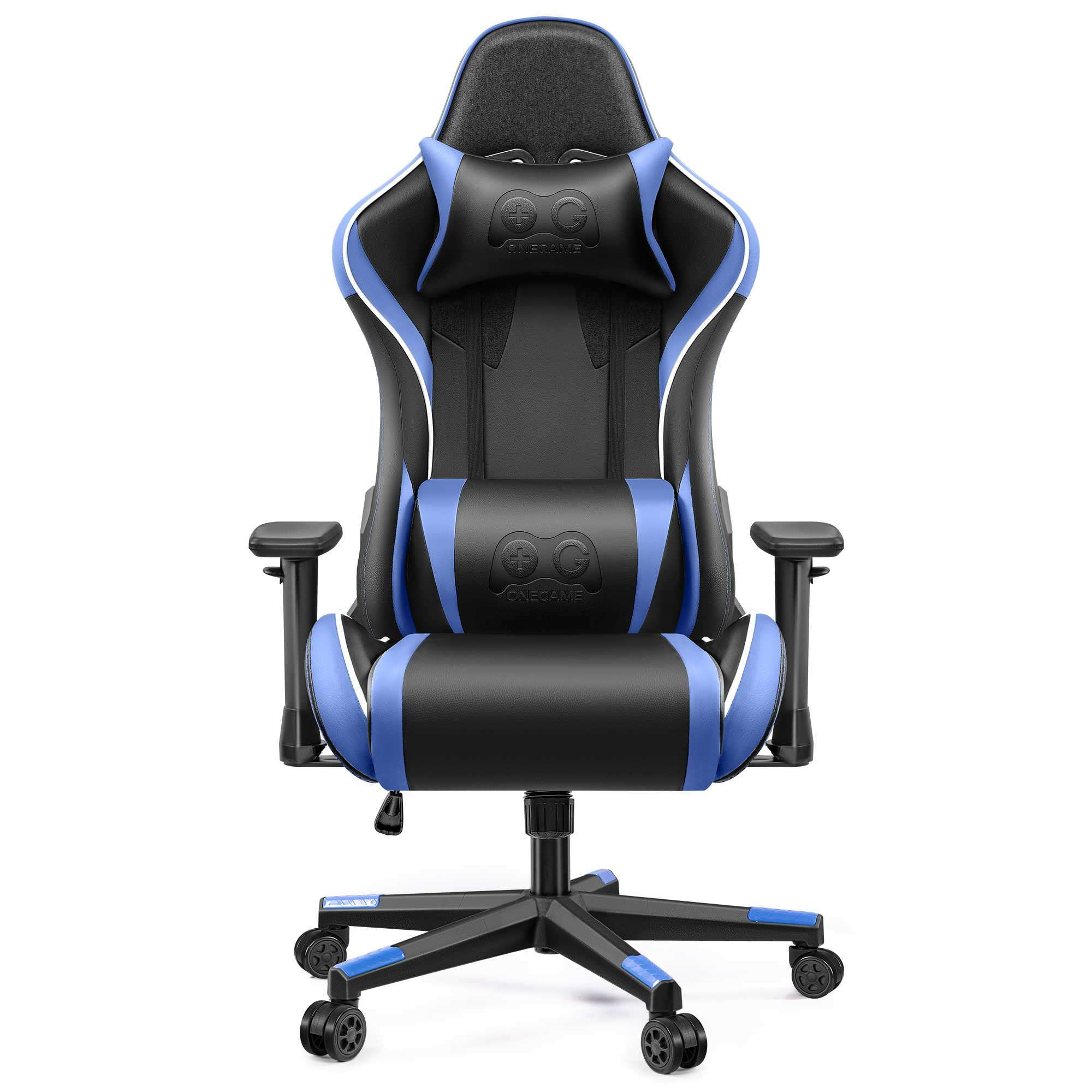Ein schwarzer Gaming-Stuhl mit blauen Akzenten und einem Logo.