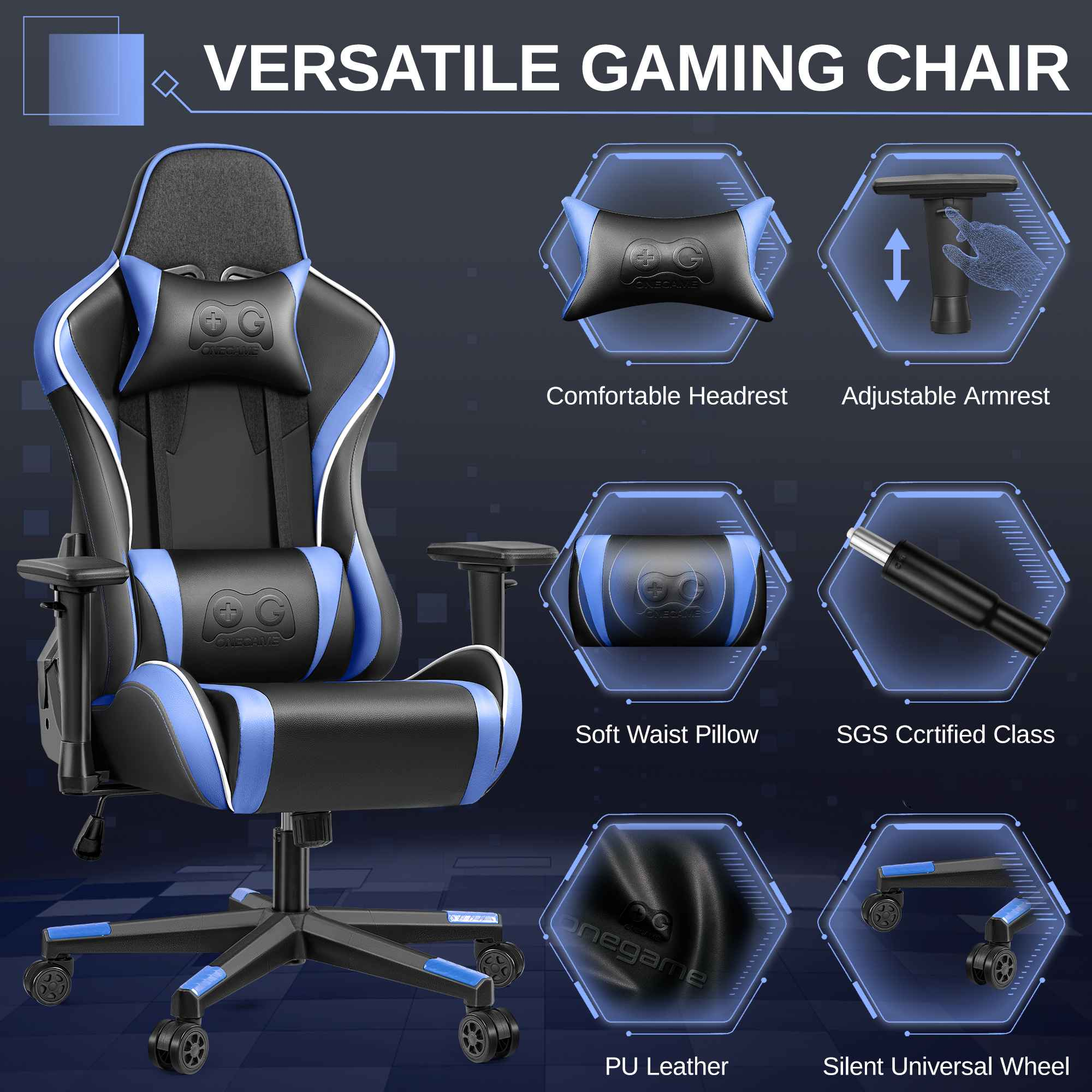 Schwarzer und blauer Gaming-Stuhl mit abnehmbaren Kissen und Rollen.
