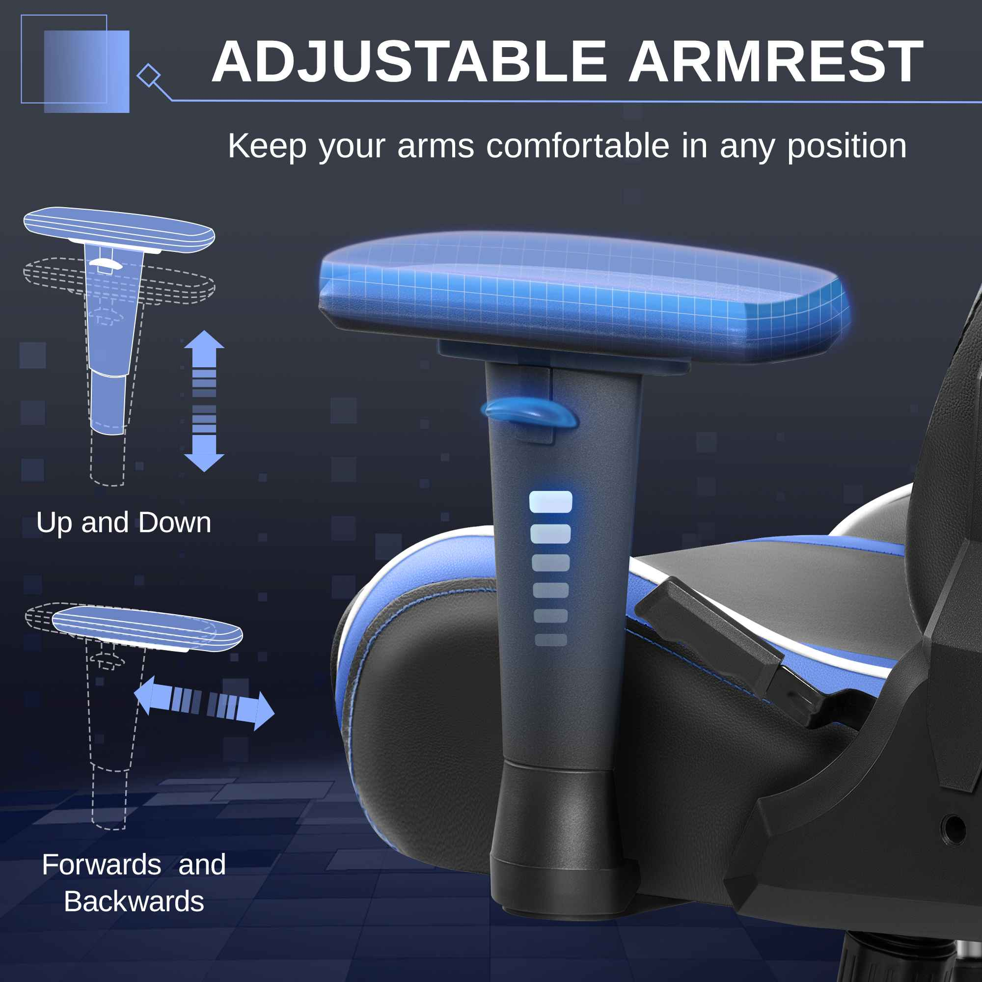 Verstellbare Armlehne für Stuhl mit Auf- und Abwärtsbewegung.