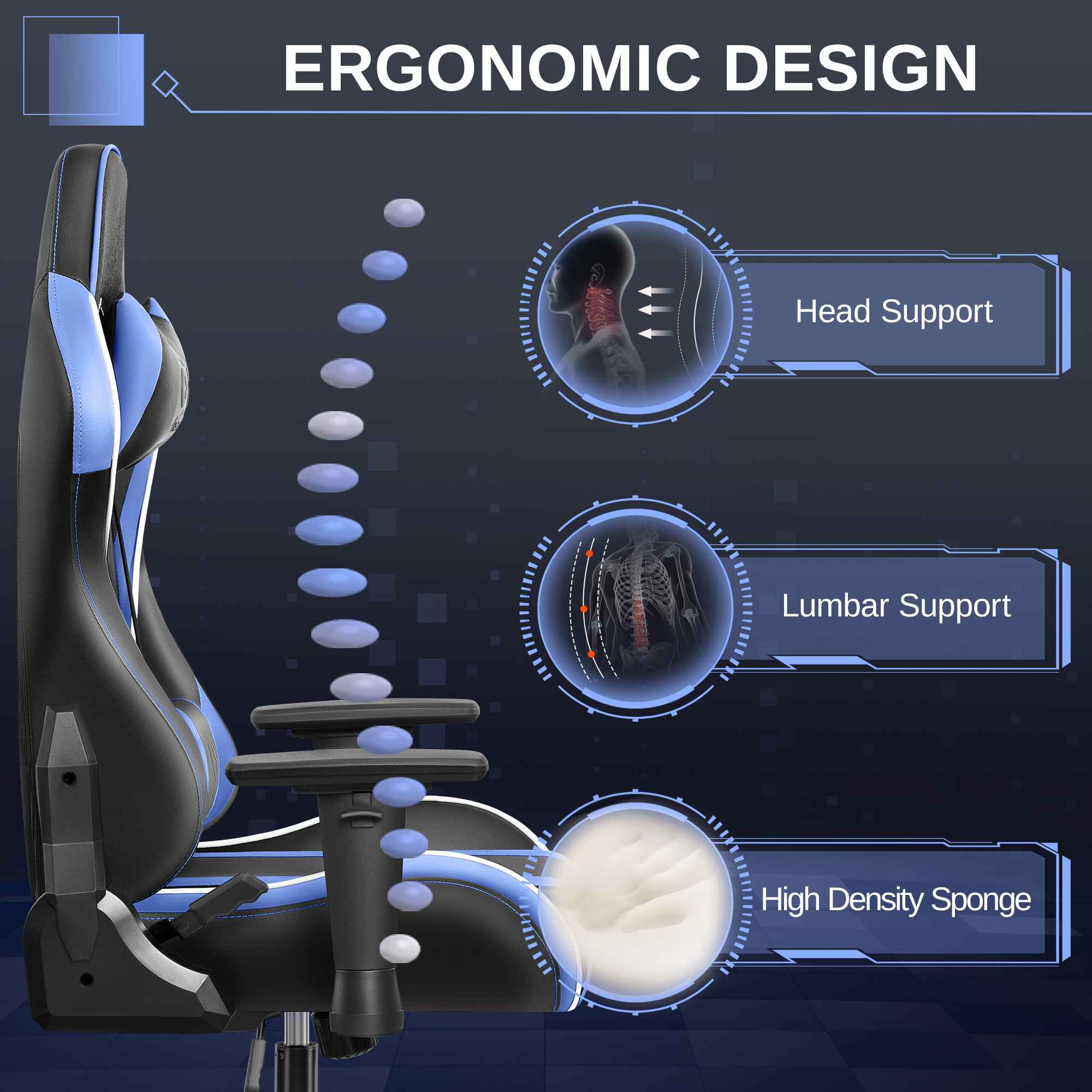 Ergonomischer Stuhl mit Kopf-, Lendenwirbelstütze und Polsterung.