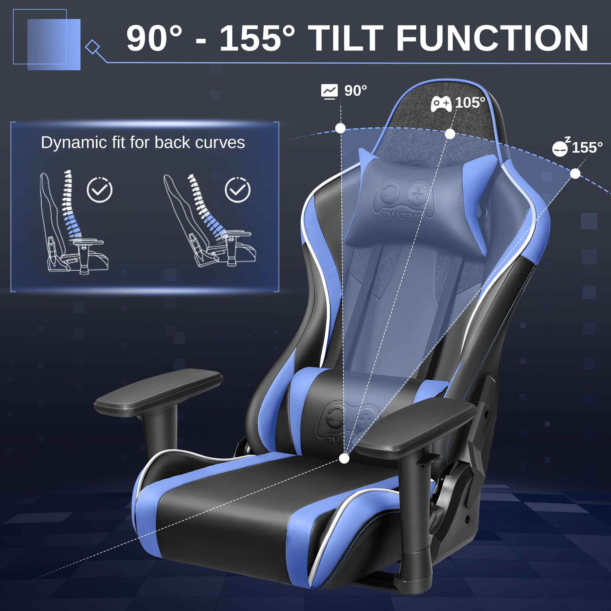 Ein schwarzer und blauer Gaming-Stuhl mit verstellbarer Rückenlehne von 90° bis 155°.