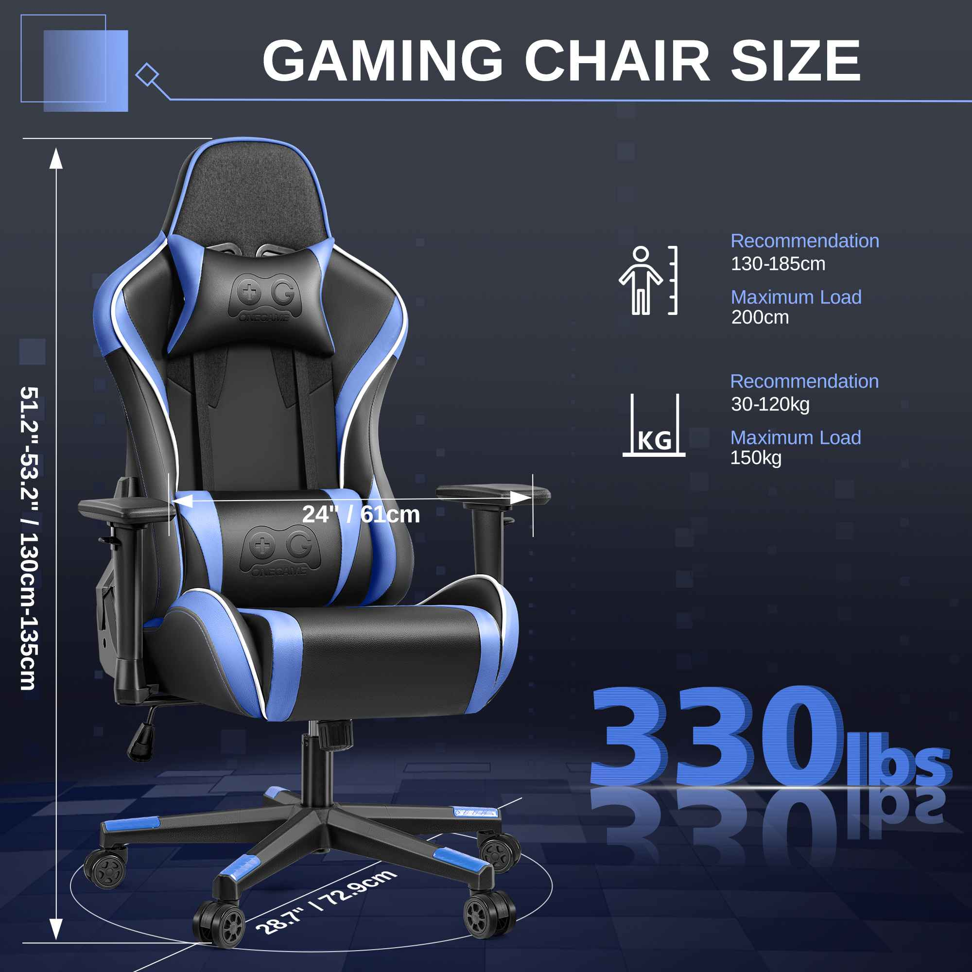 Ein schwarzer und blauer Gaming-Stuhl mit Größenangaben und Gewichtsangaben.