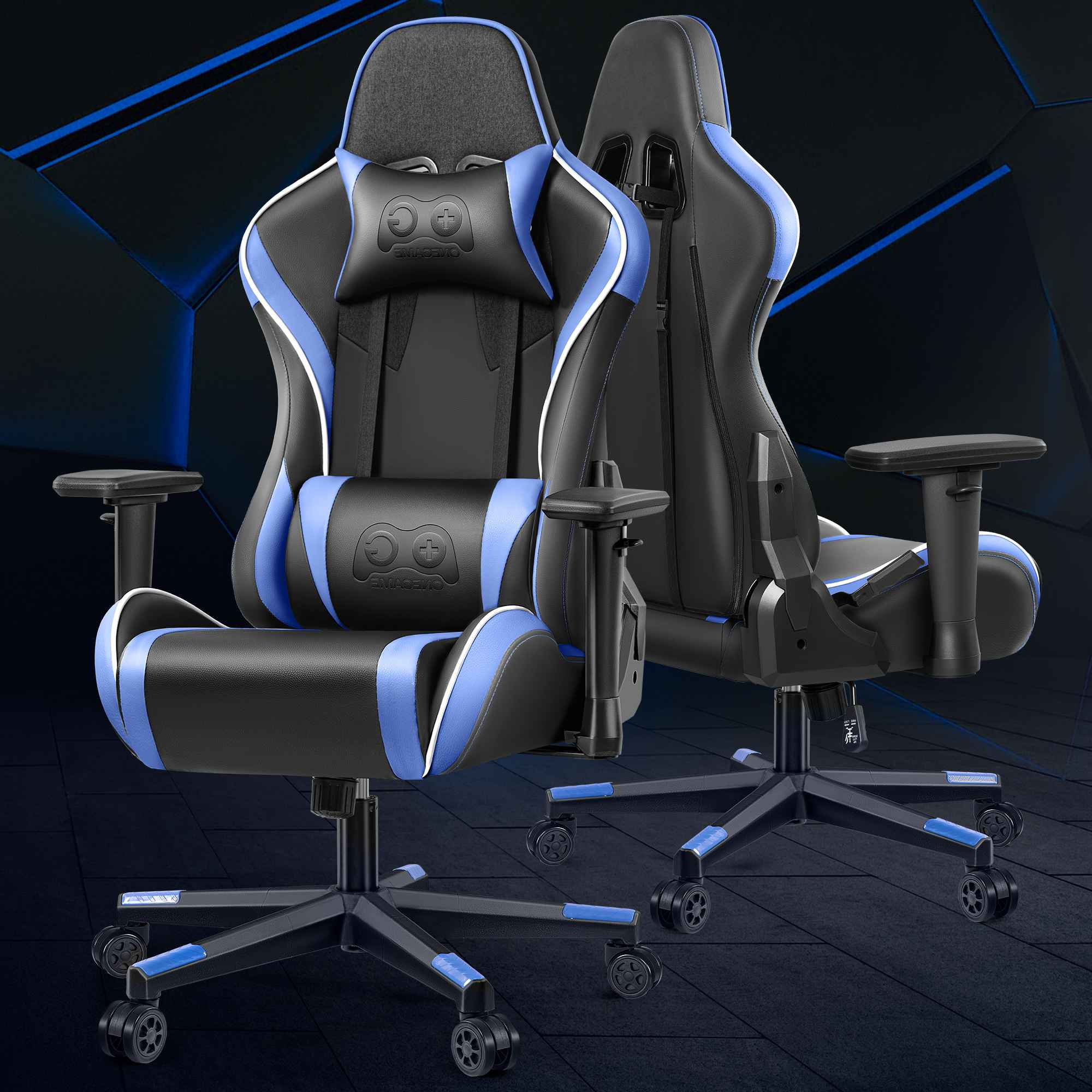 Schwarzer Gaming-Stuhl mit blauen Akzenten und Kopfkissen.