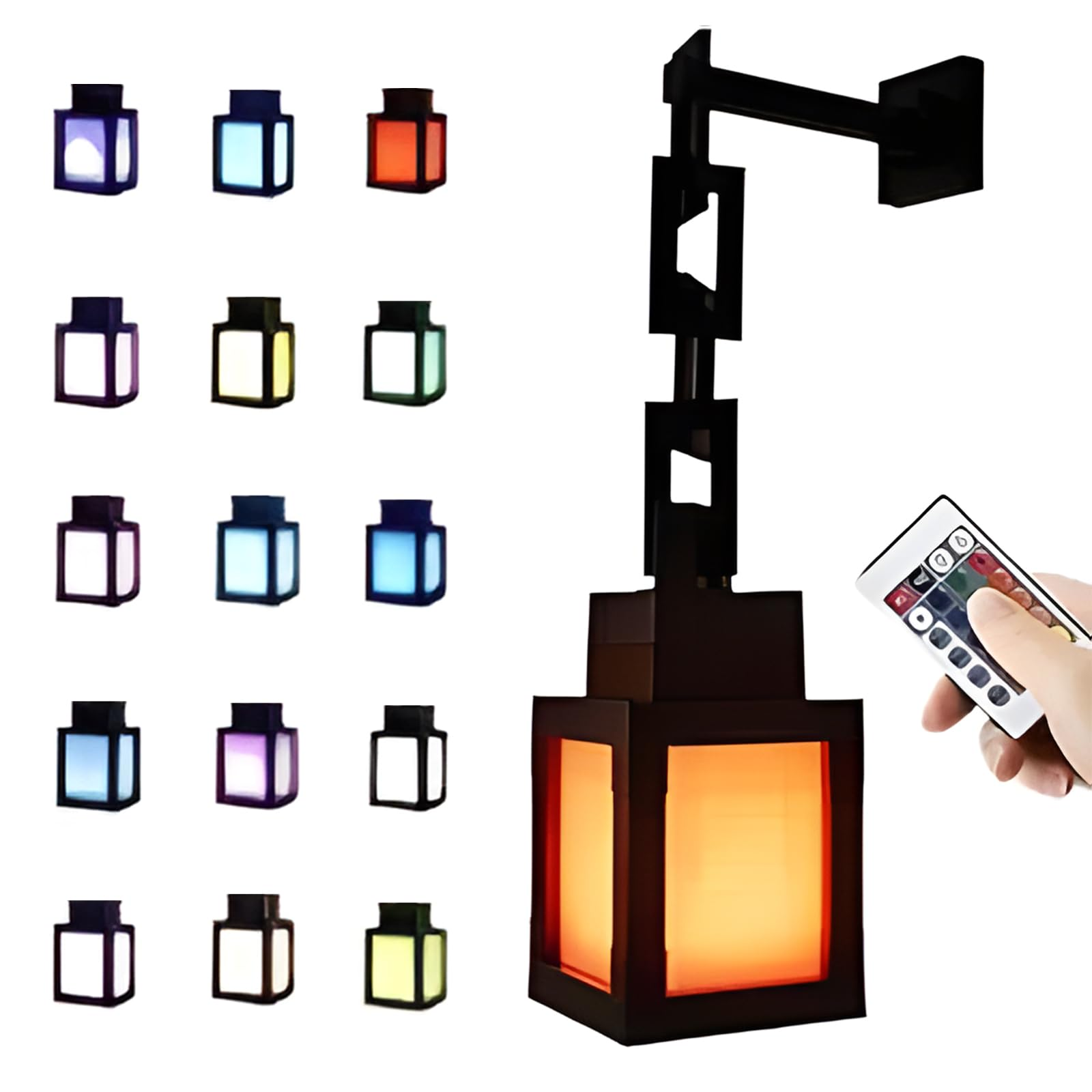 Applique da parete a lanterna nera con LED RGB e telecomando.