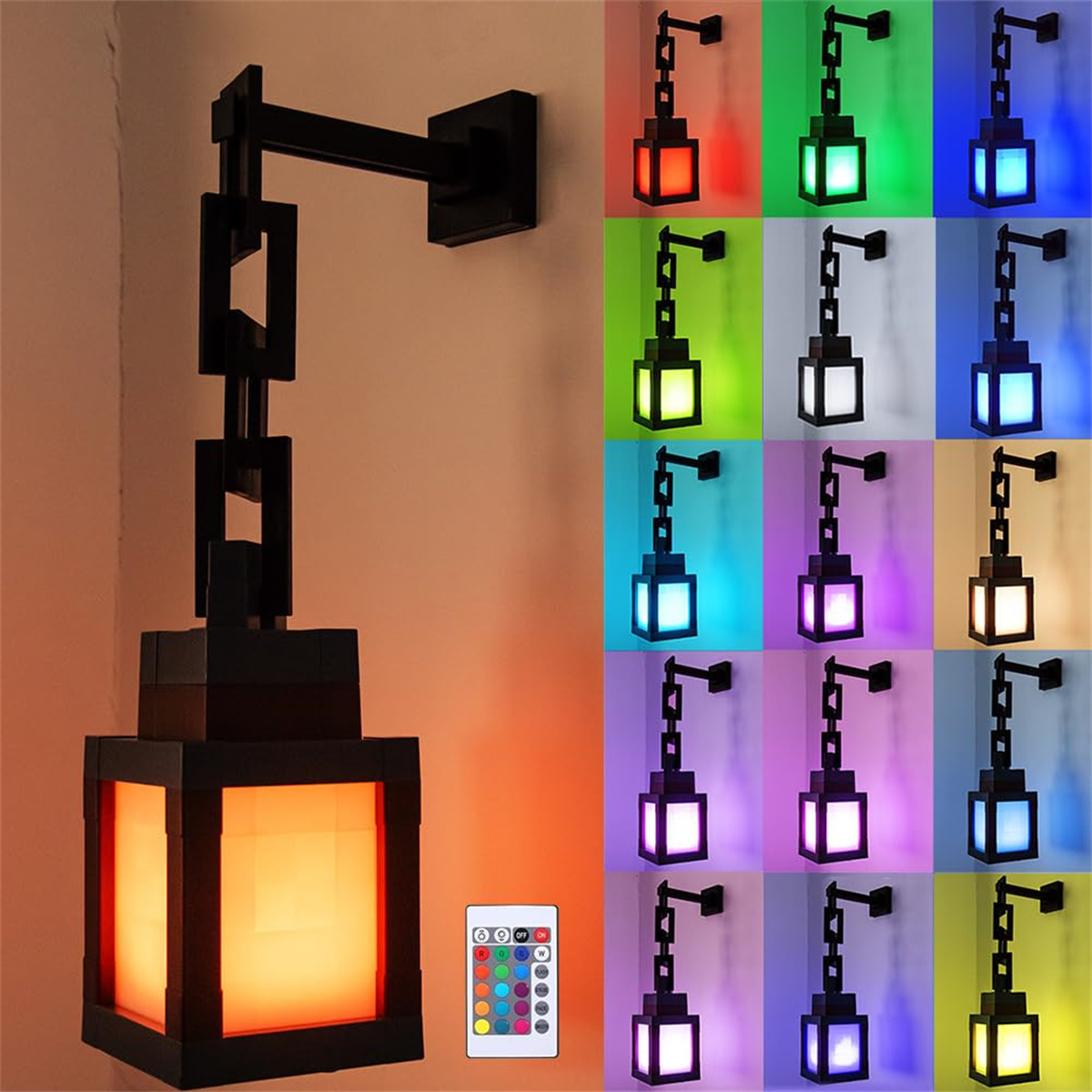 Lampada da parete nera con catena, che si illumina in vari colori.
