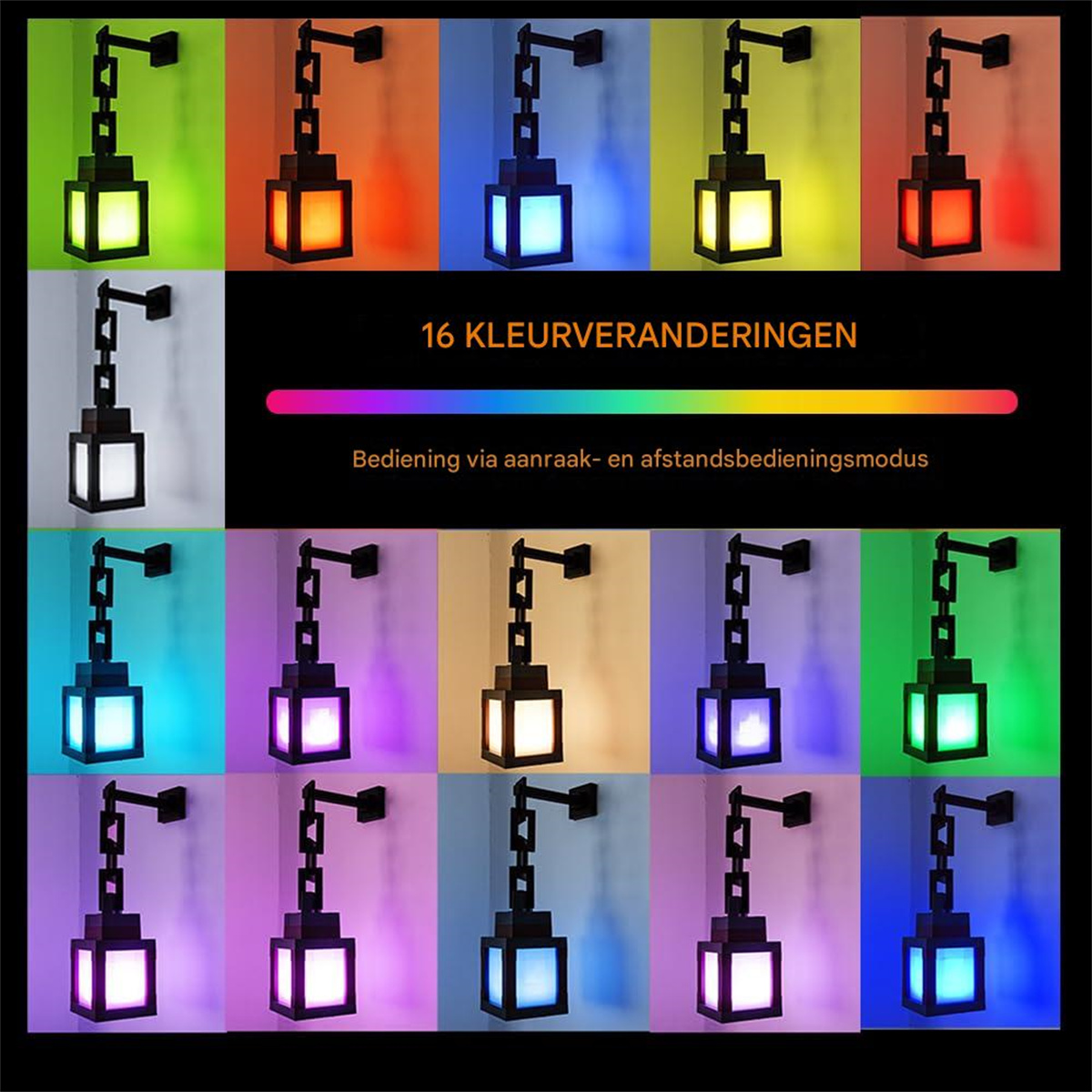 Una lampada da parete con telaio in metallo nero mostrata in vari colori.