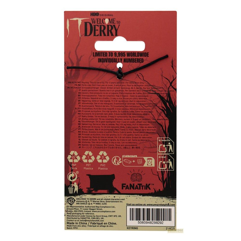 Llavero con logo "Welcome to Derry", edición limitada, con advertencias.