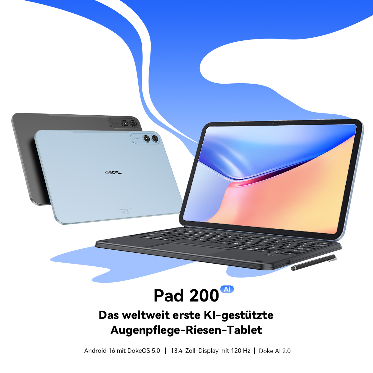 Zwei Tablets und Tastatur mit Stift. Ein hellblau, eins grau. Vordergrund mit Bildschirm.