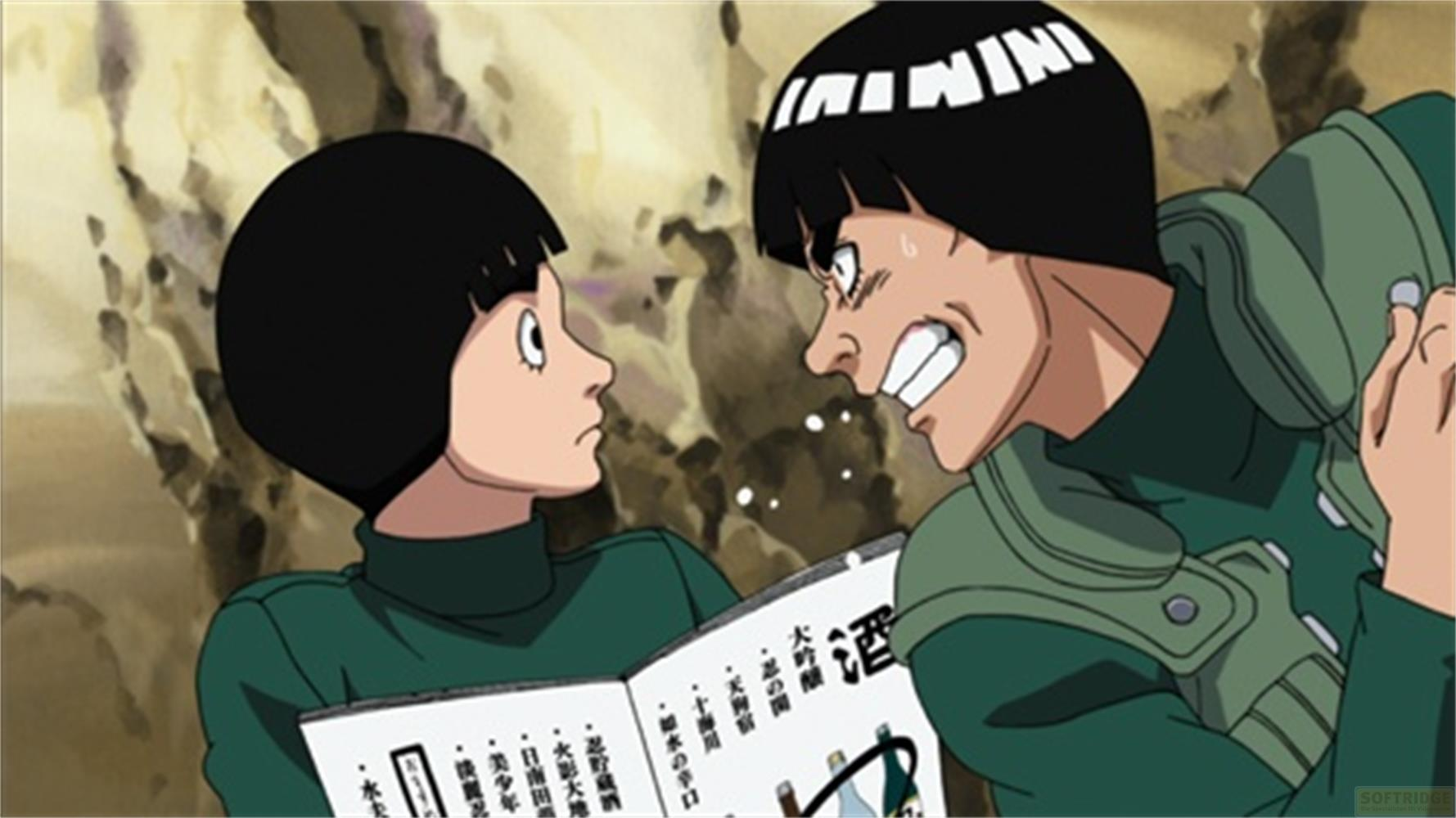 Due personaggi anime in uniforme verde guardano un libro aperto con scrittura giapponese.