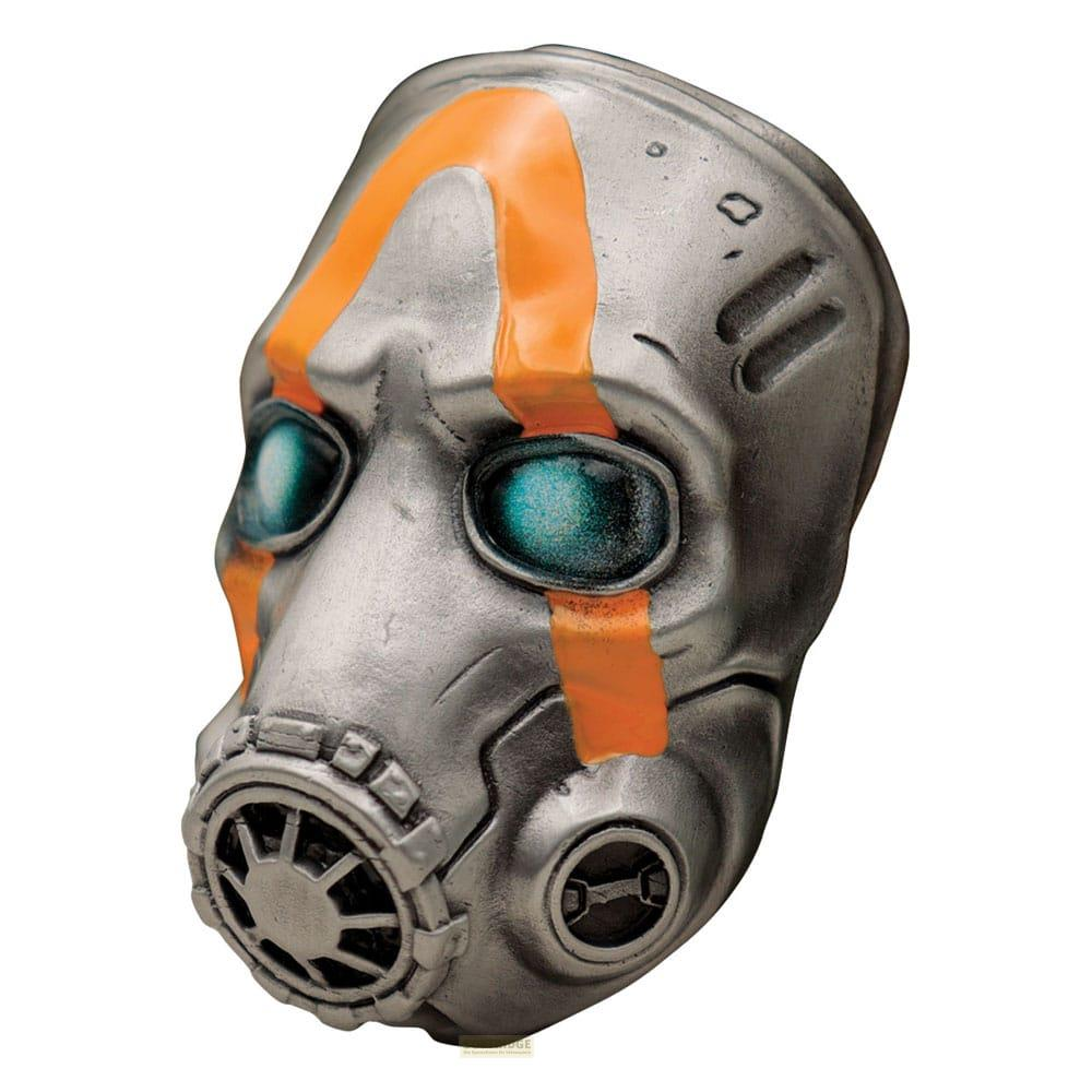 Graue Maske mit orangefarbenen Streifen und blauen Augen, Gasmasken-Design.