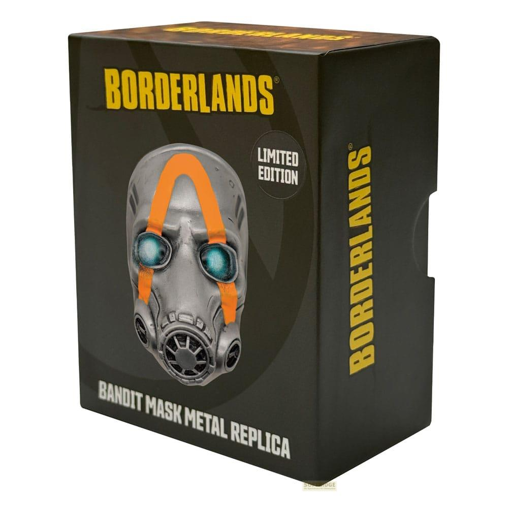 Borderlands-Box mit einer silbernen Maske mit orangen Akzenten und blauen Augen.