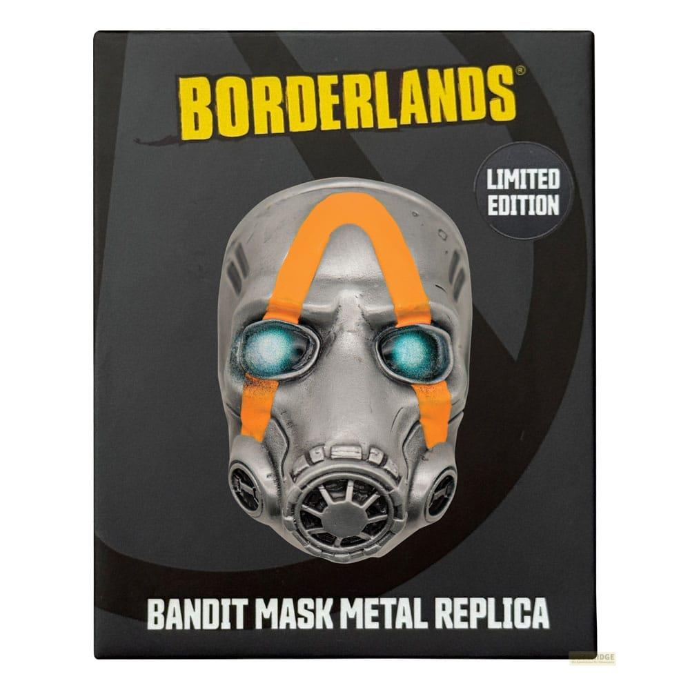 Borderlands-Banditenmaske, silberfarben, mit orangefarbenen Akzenten und blauen Augen.
