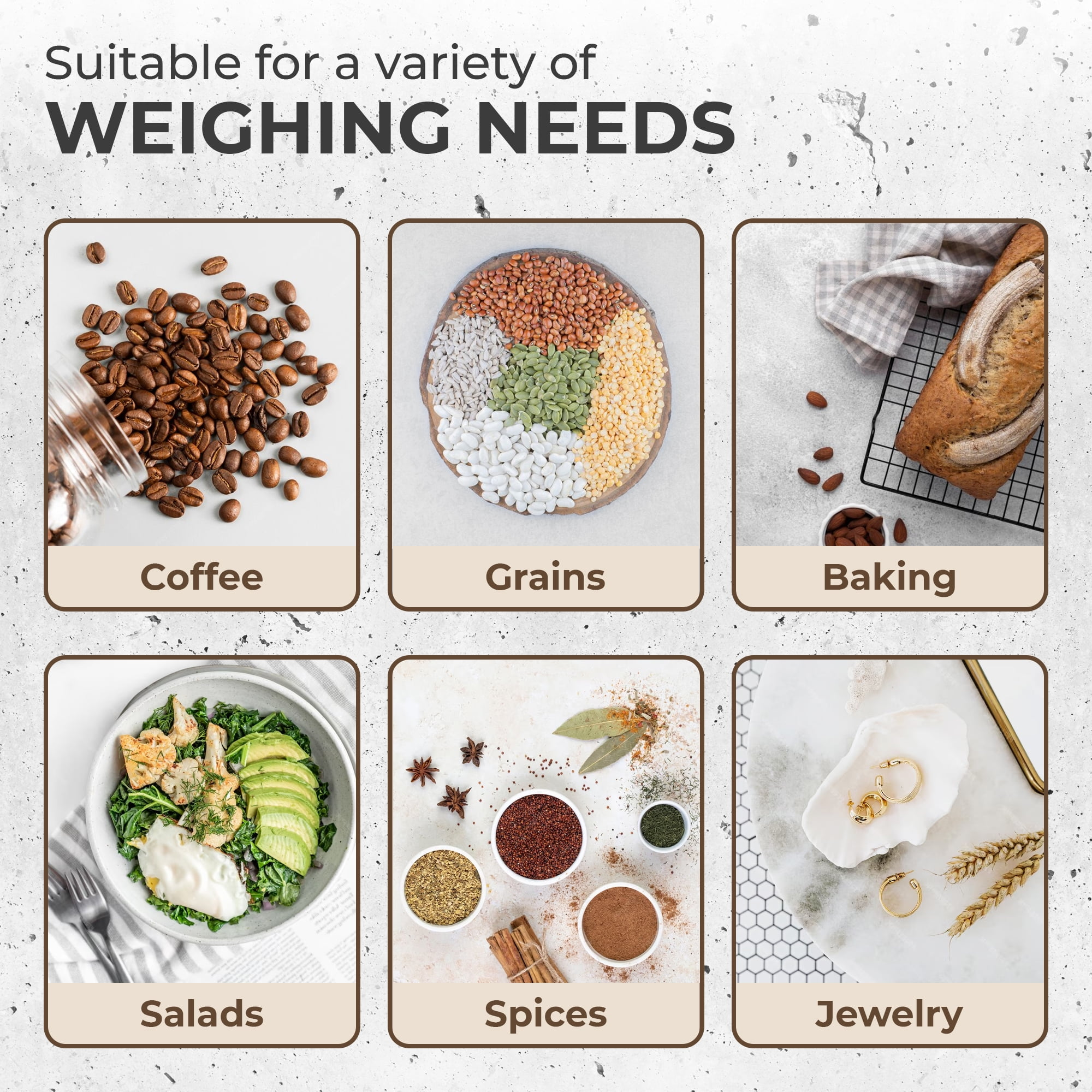 Kaffeebohnen, Körner, Backwaren, Salate, Gewürze und Schmuck werden gezeigt.