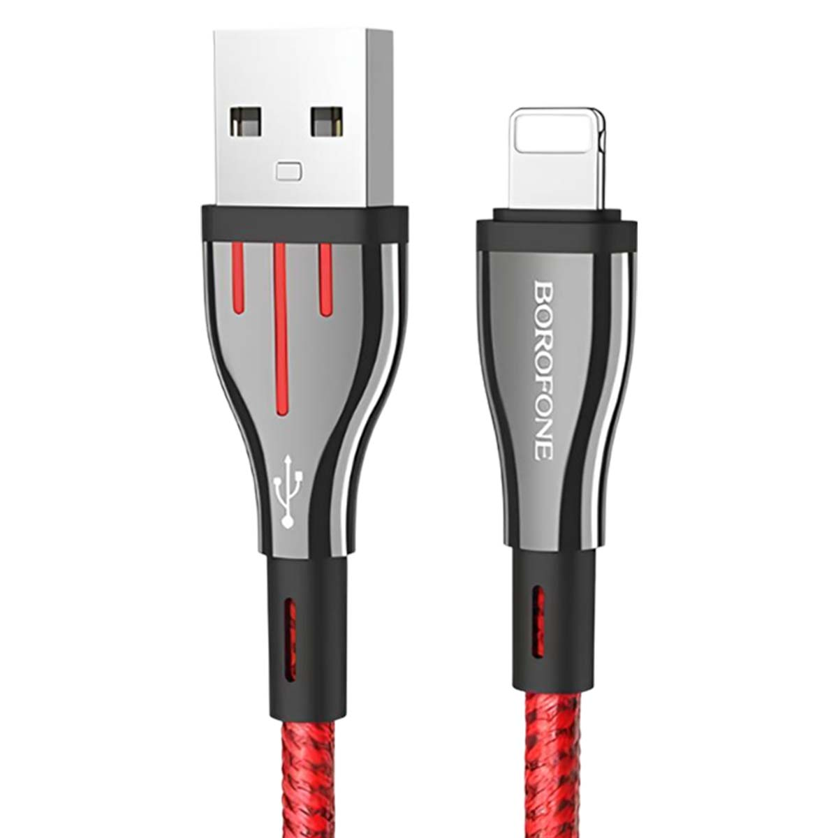 Deux câbles de chargement avec accents rouges et connecteurs USB et Lightning.
