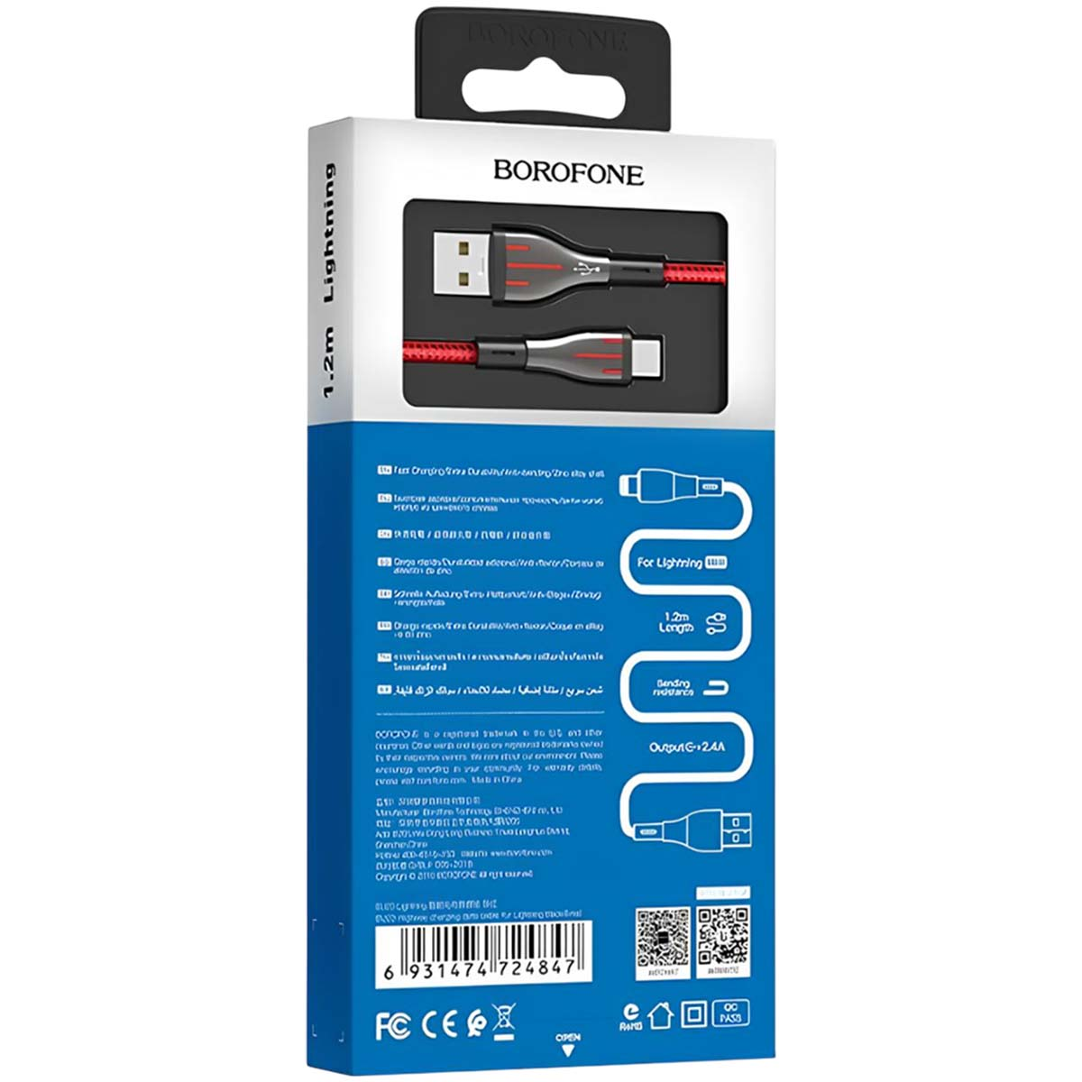 Emballage d'un câble de chargement BOROFONE Lightning de 1,2 m avec connecteur USB.