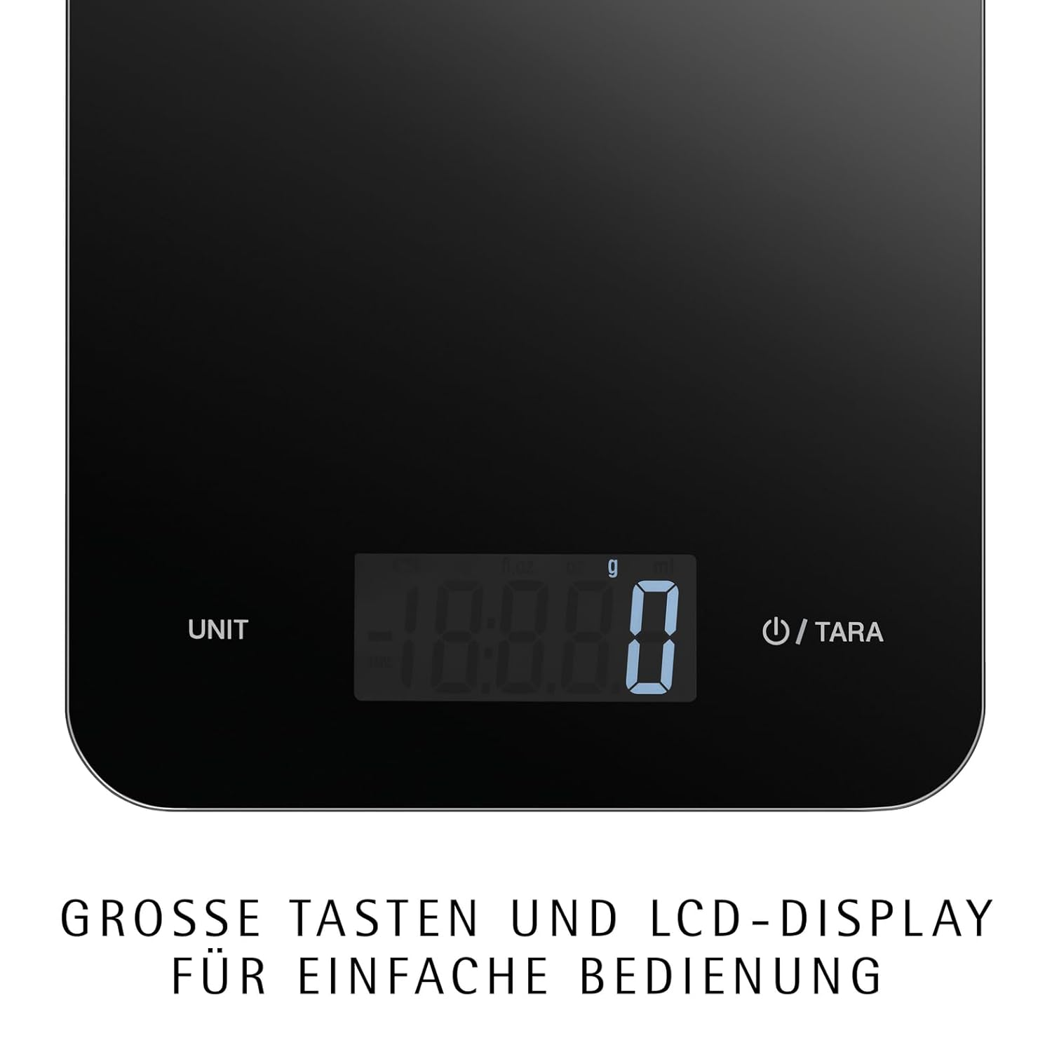 Schwarze Digitalwaage mit LCD-Anzeige zeigt 0 g. Einheit und Tara-Taste.