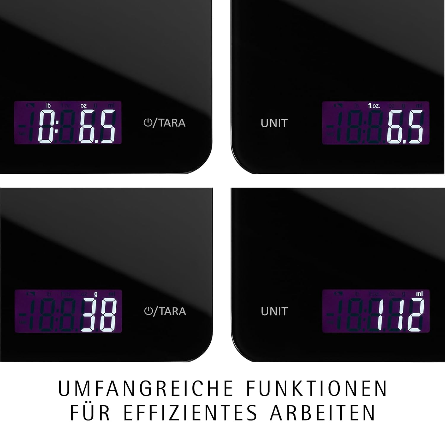 Vier digitale Waagen zeigen verschiedene Messwerte wie 0:6.5, 10:6.5, 10:38 und 10:112.