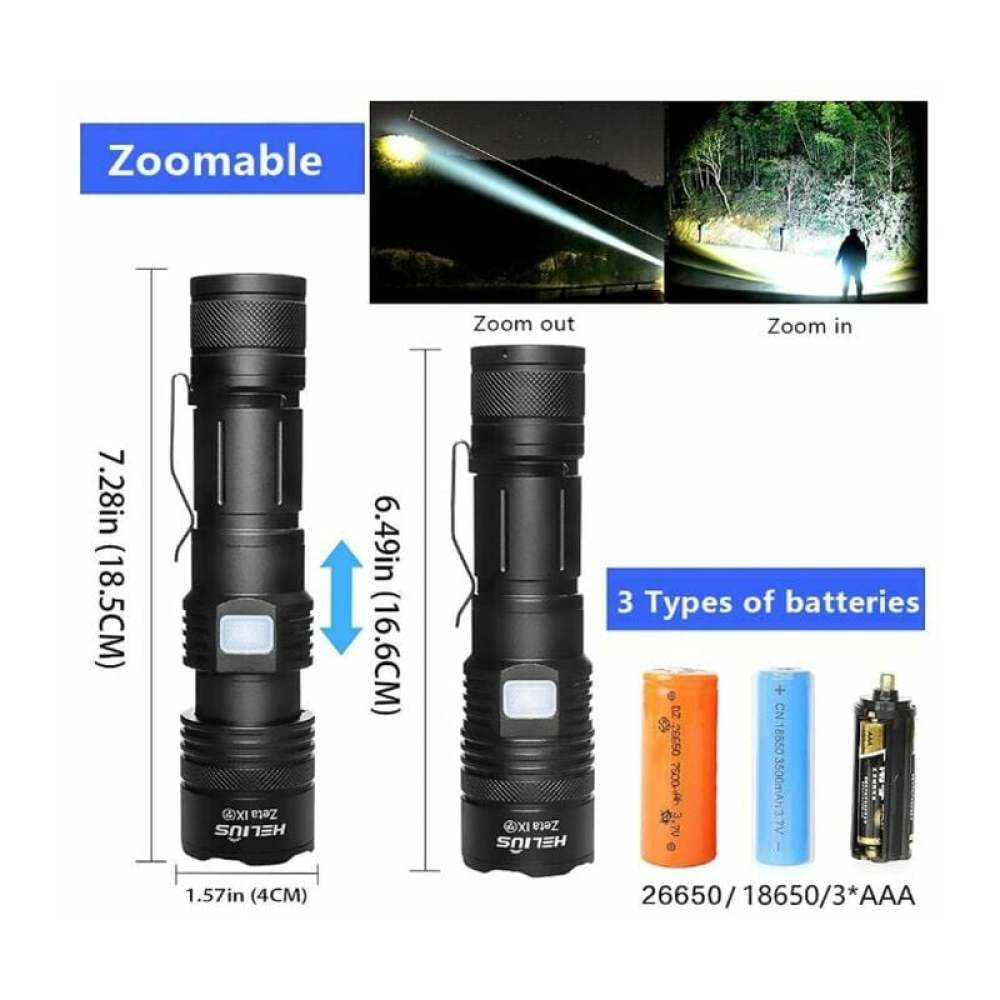 Zwei Taschenlampen, eine mit Zoom-Funktion und drei Batterietypen werden gezeigt.