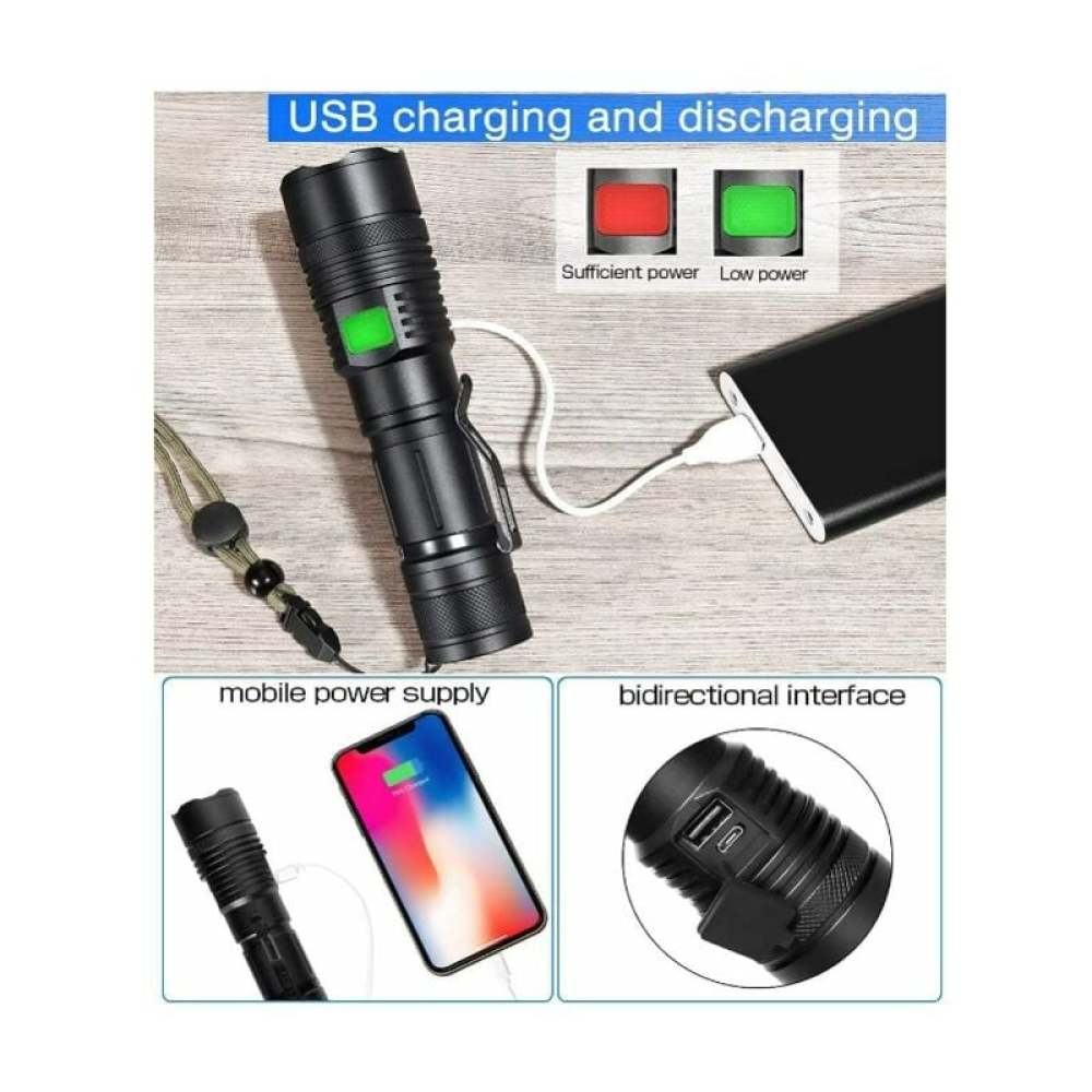 Schwarze Taschenlampe lädt schwarzes Powerbank auf. Handy wird geladen.