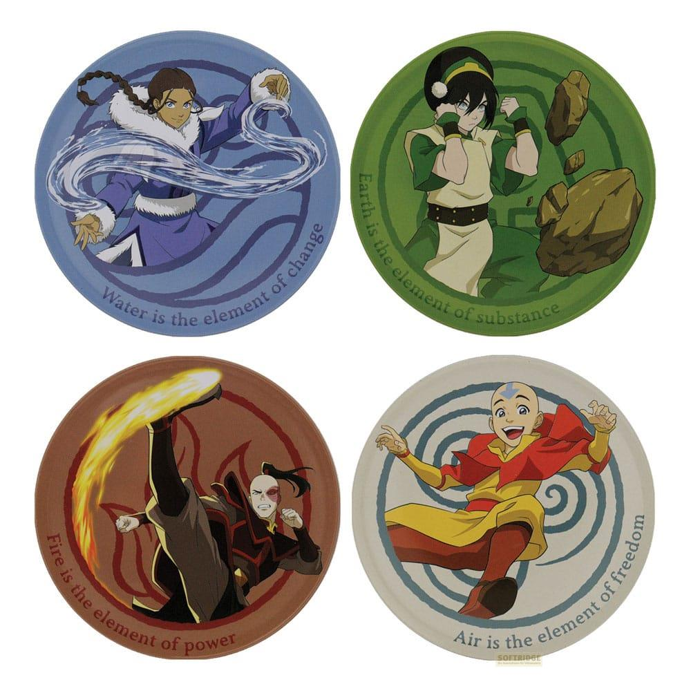 Vier Kreise mit Avatar-Charakteren: Katara, Toph, Zuko und Aang.