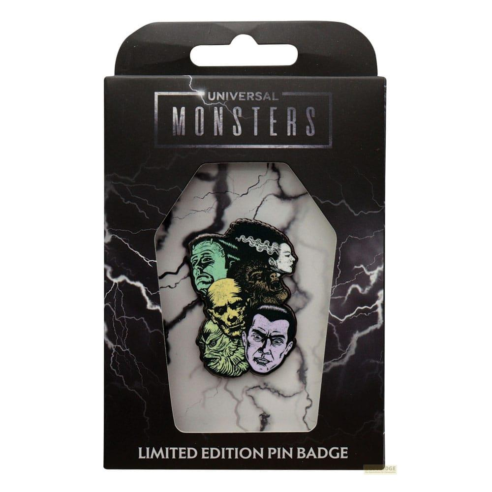 Universal Monsters Pin-Anstecker in Sargbox: Frankenstein, Mumie, Braut, Werwolf, Kreatur.
