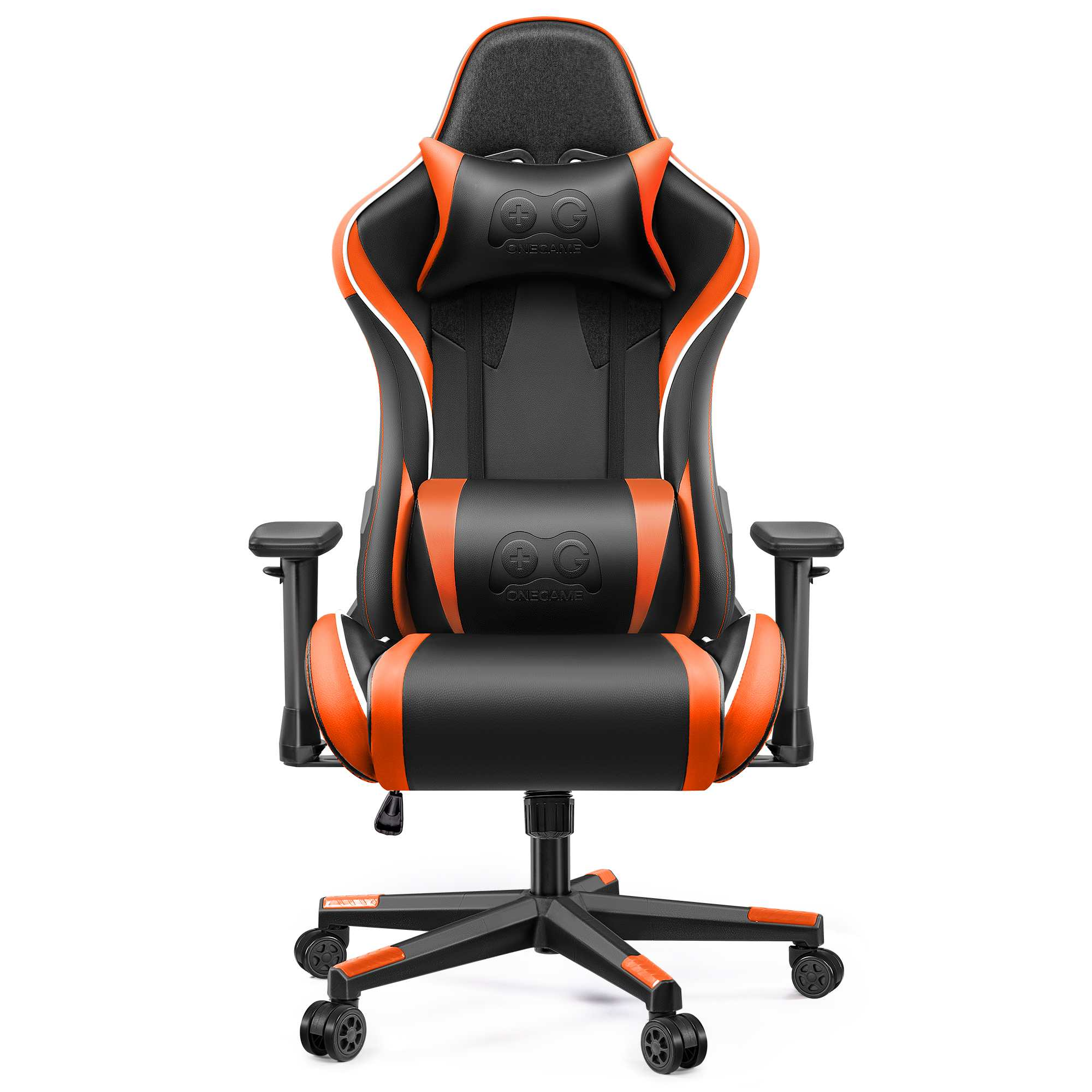 Ein schwarzer Gaming-Stuhl mit orangefarbenen Akzenten und einem Kopfkissen.
