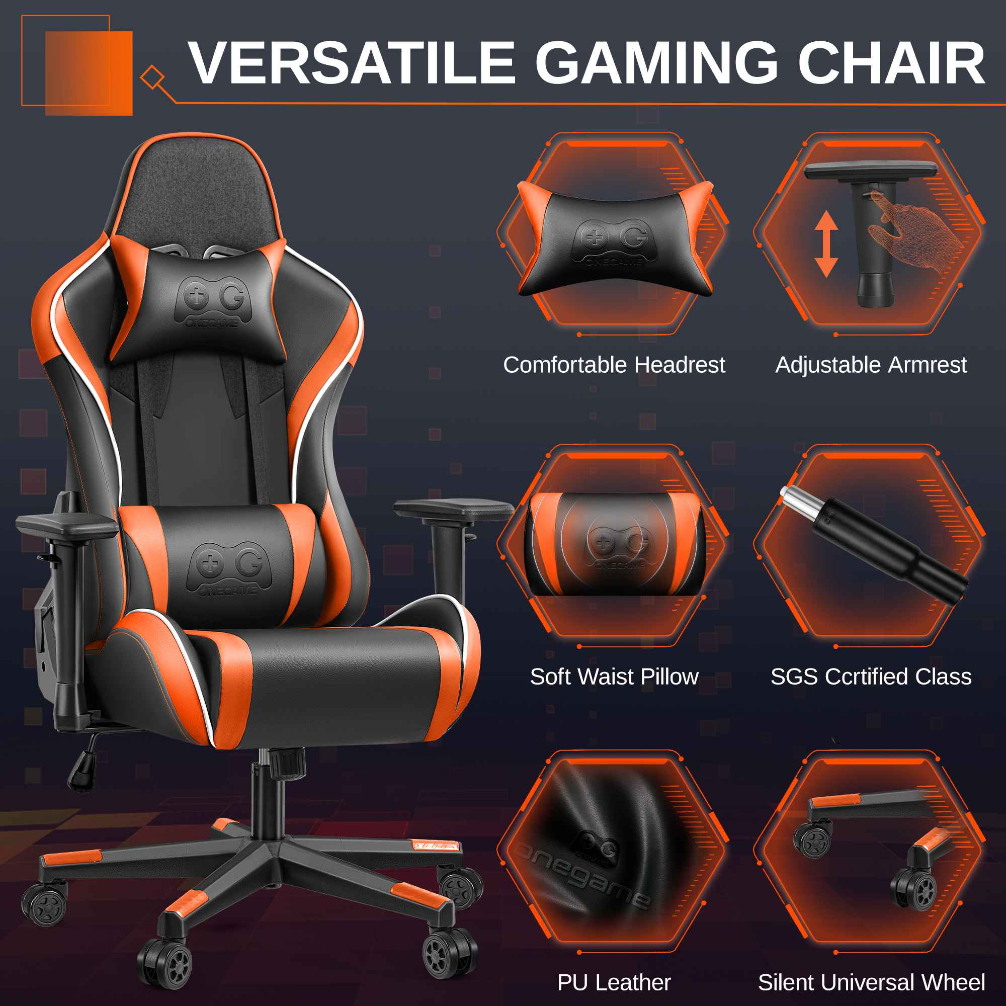 Schwarzer und oranger Gaming-Stuhl mit verstellbaren Elementen und Logos.