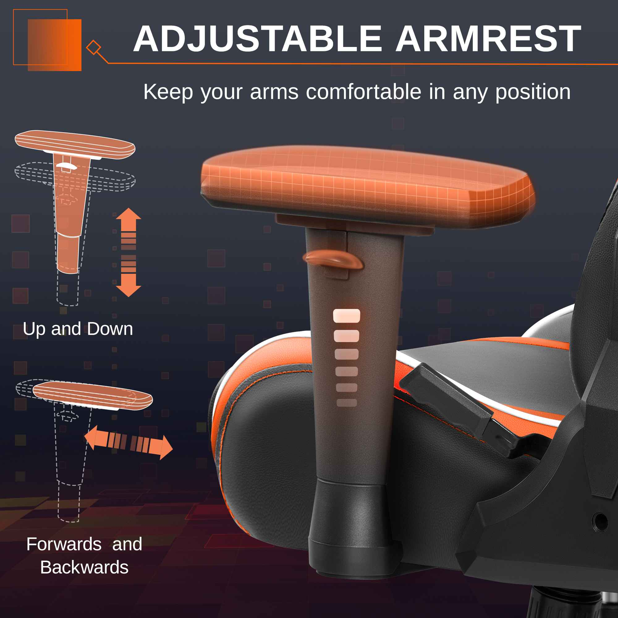 Verstellbare Armlehne eines Stuhls mit Auf- und Abwärtsbewegung.