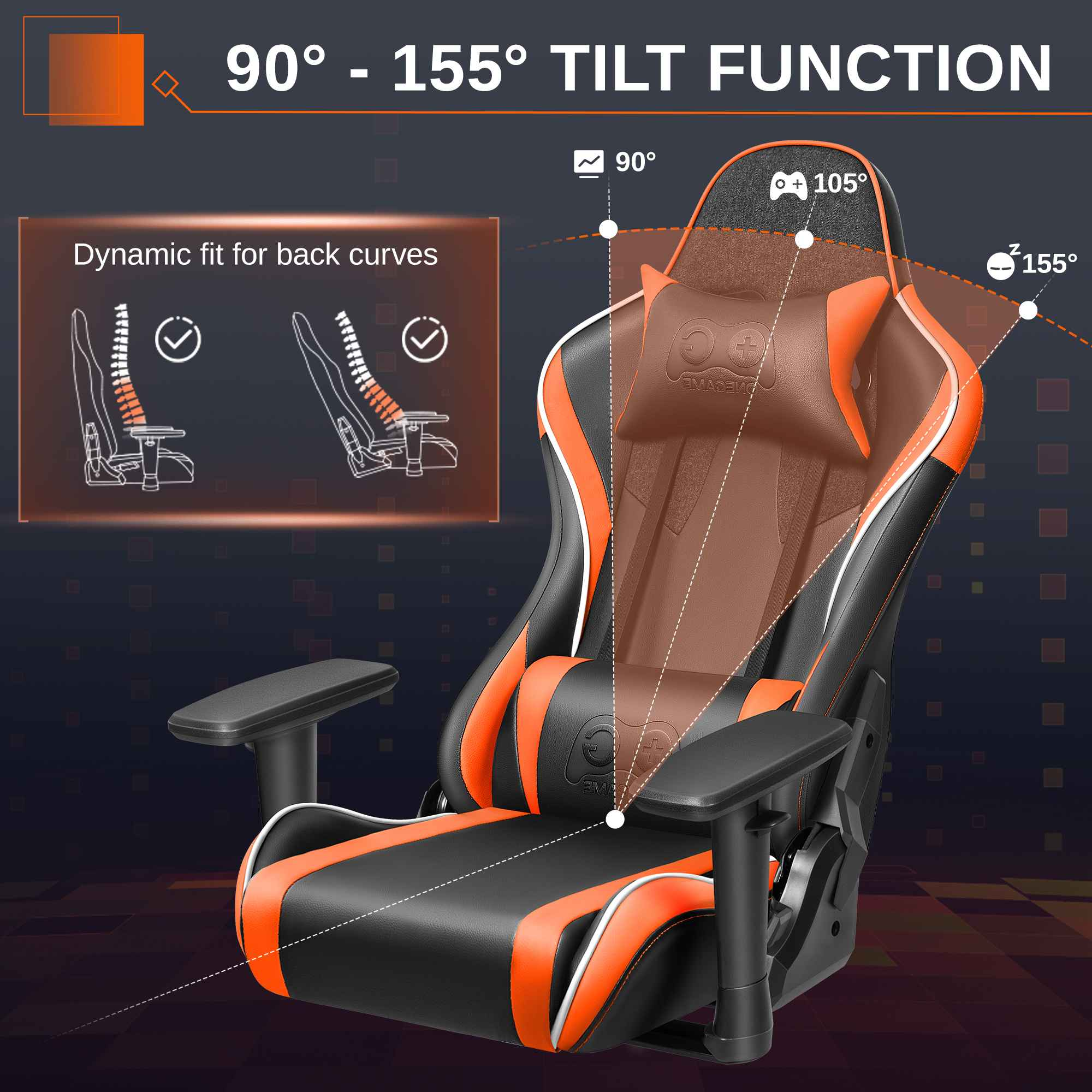 Ein schwarzer und orangefarbener Gaming-Stuhl mit Neigungsfunktion von 90-155 Grad.