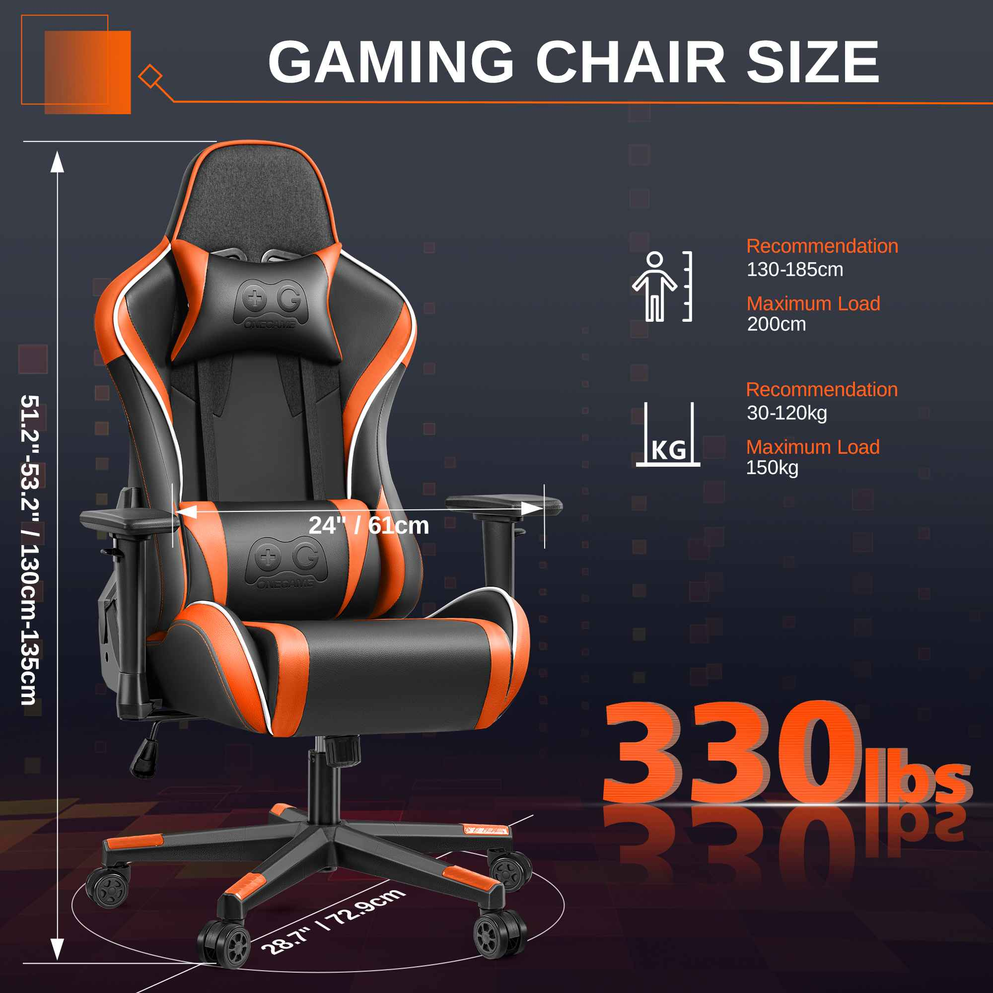 Schwarzer Gaming-Stuhl mit orangefarbenen Akzenten und Größenangaben.