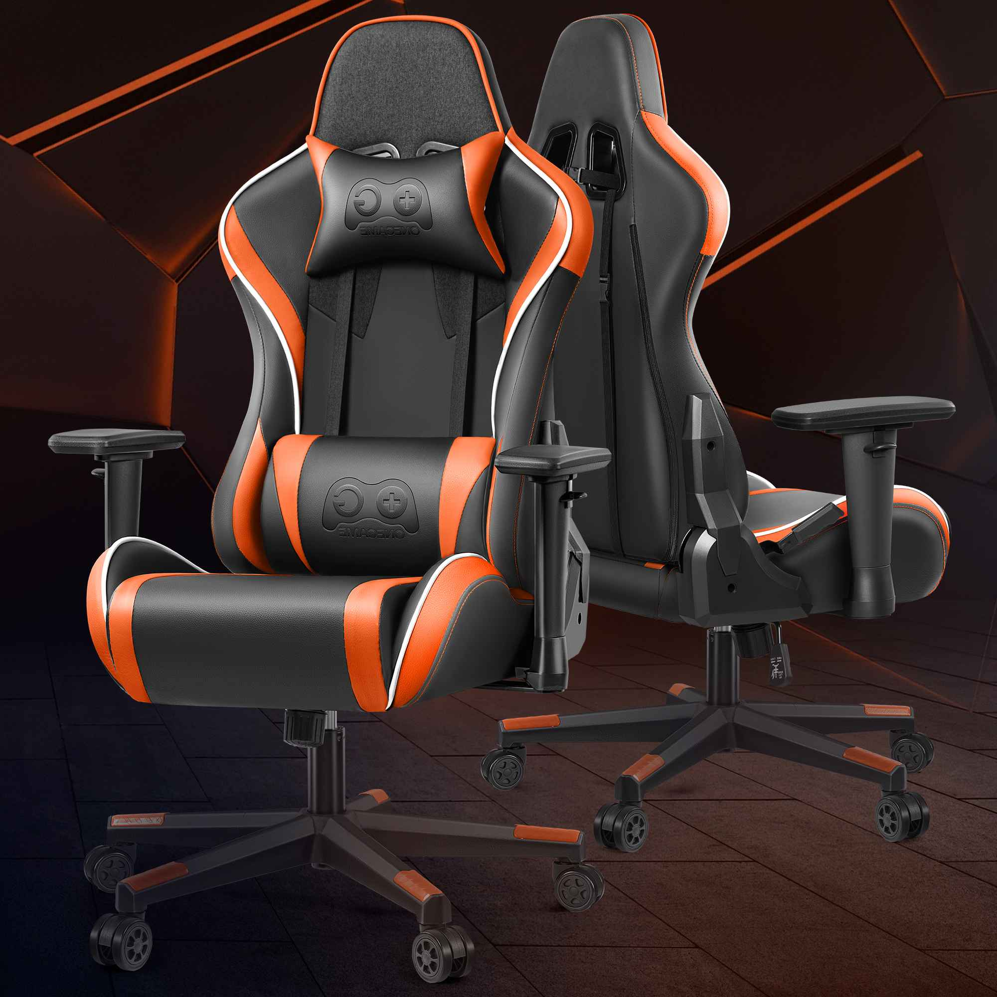 Schwarzer Gaming-Stuhl mit orangefarbenen Akzenten und Kopfstütze.