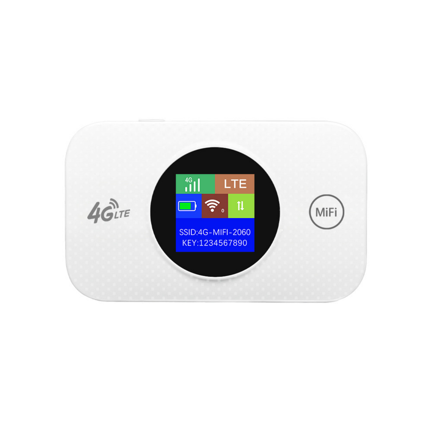 Weißes 4G LTE MiFi-Gerät mit Bildschirm, das SSID und Schlüssel anzeigt.