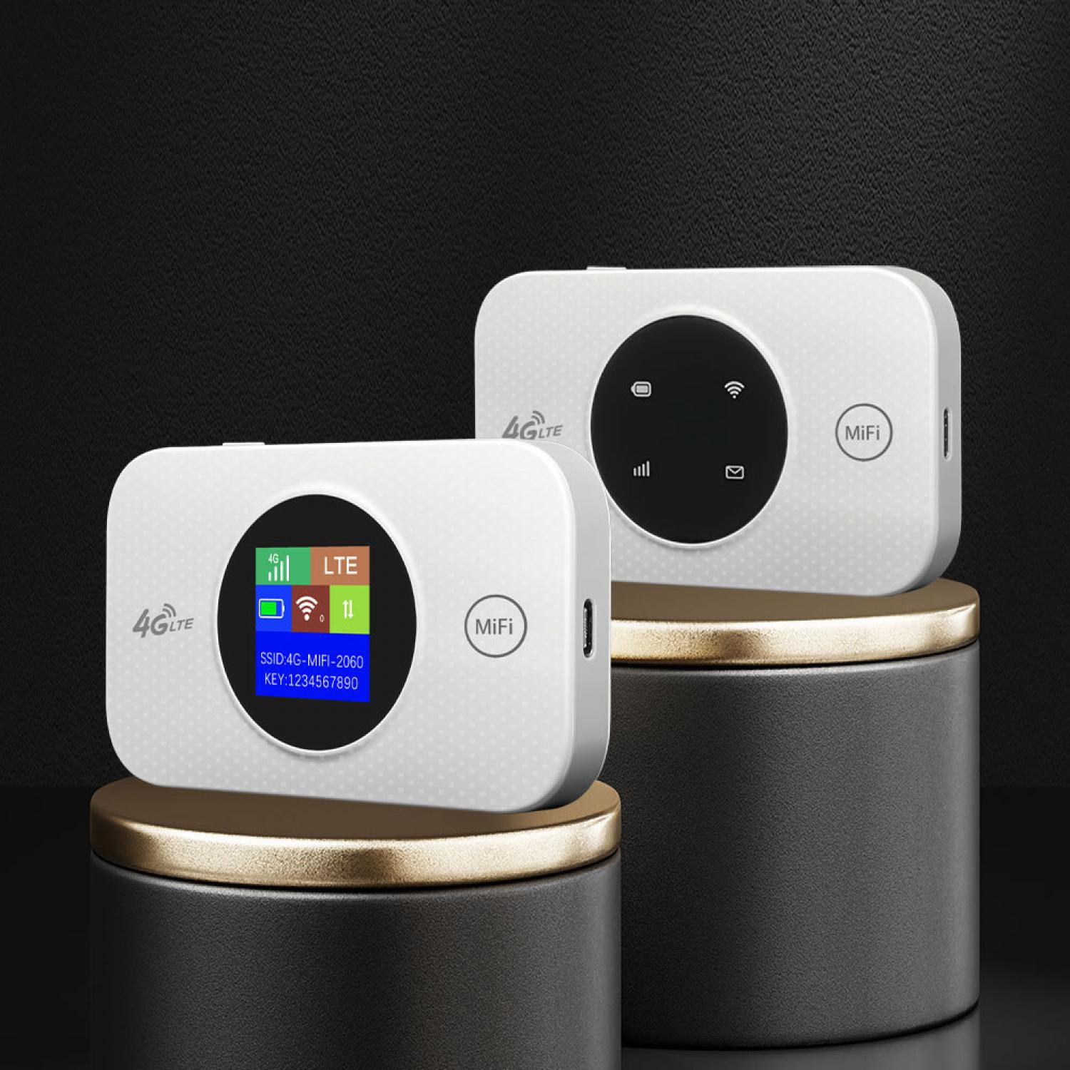 Zwei weiße Mifi-Geräte mit 4G LTE auf dunklem Hintergrund.