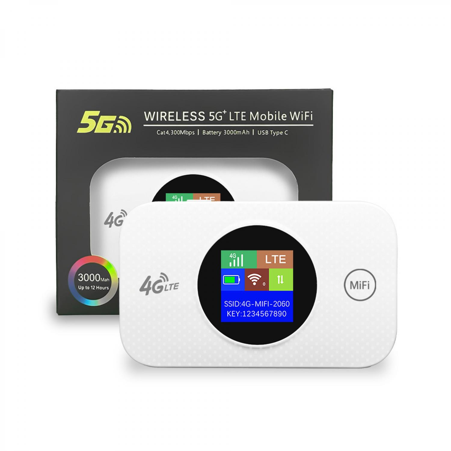 Weißer mobiler 5G+ LTE WLAN-Hotspot mit Bildschirm und Verpackung.