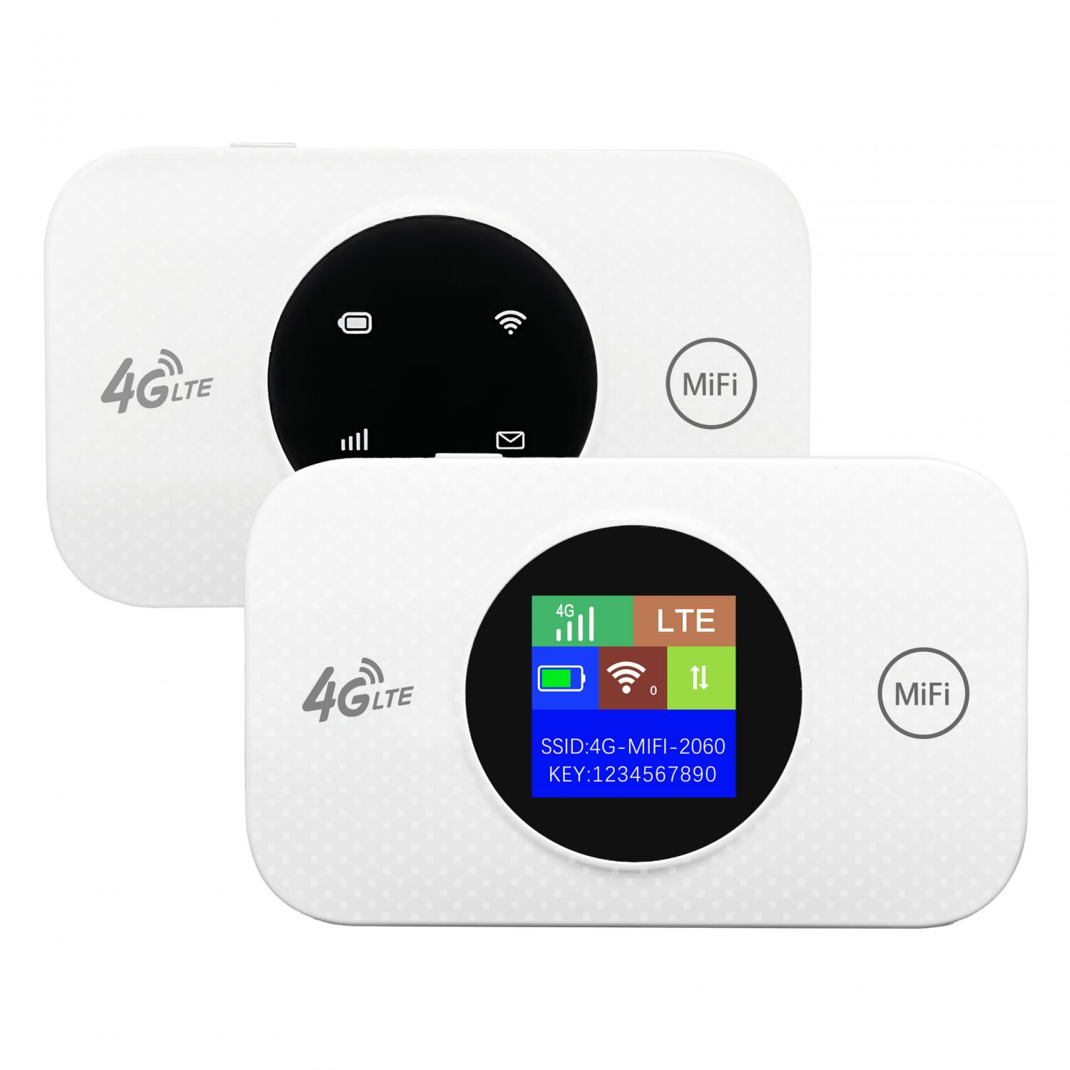 Zwei weiße 4G LTE MiFi-Geräte. Eines mit schwarzem Bildschirm, das andere mit Farbdisplay.