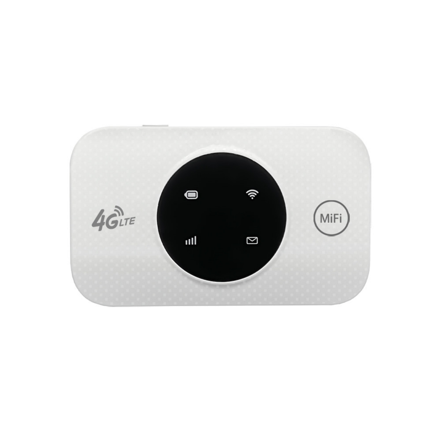 Ein weißer 4G LTE Mifi-Router mit schwarzem Display und Symbolen.
