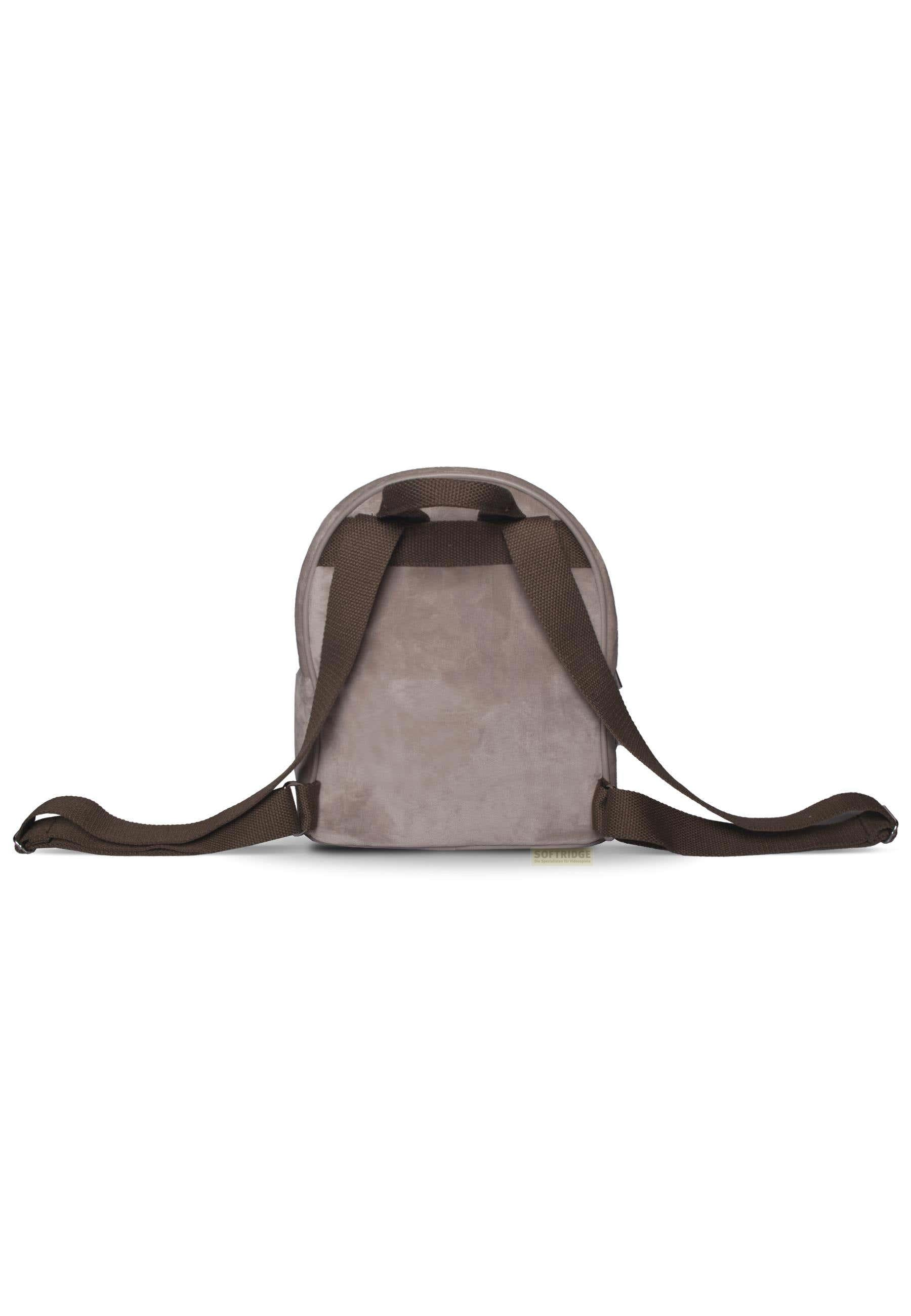 Ein grauer Rucksack mit braunen Trägern auf weißem Hintergrund.