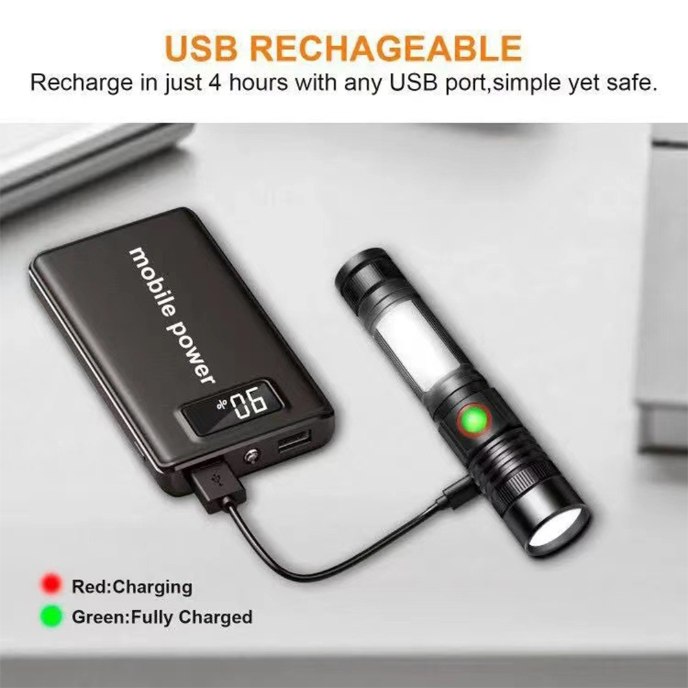 Ein schwarzes Powerbank lädt eine Taschenlampe. Die Anzeige zeigt 6 %.