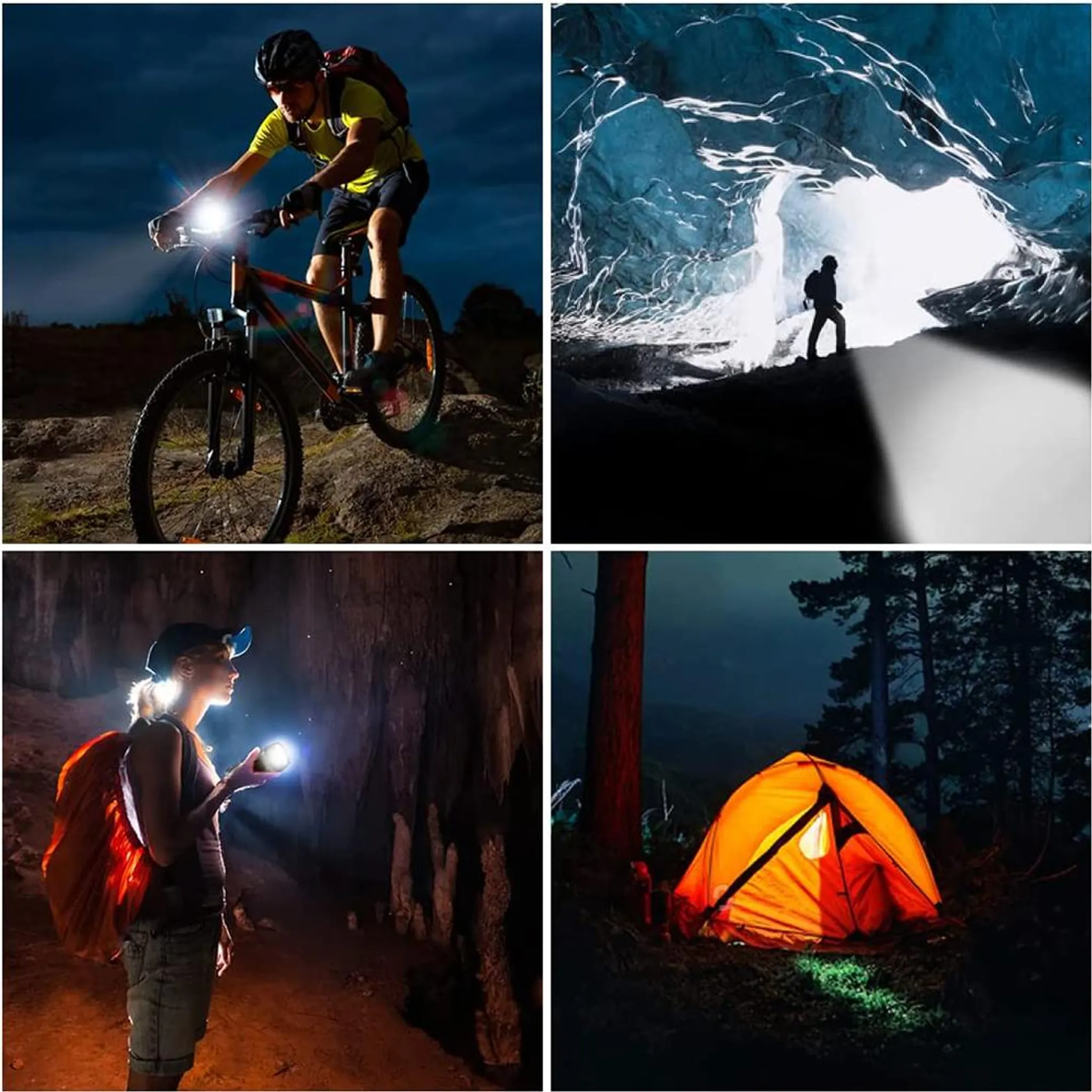 Collage aus vier Nachtszenen: Radfahren, Eishöhle, Höhlenforschung und Camping.