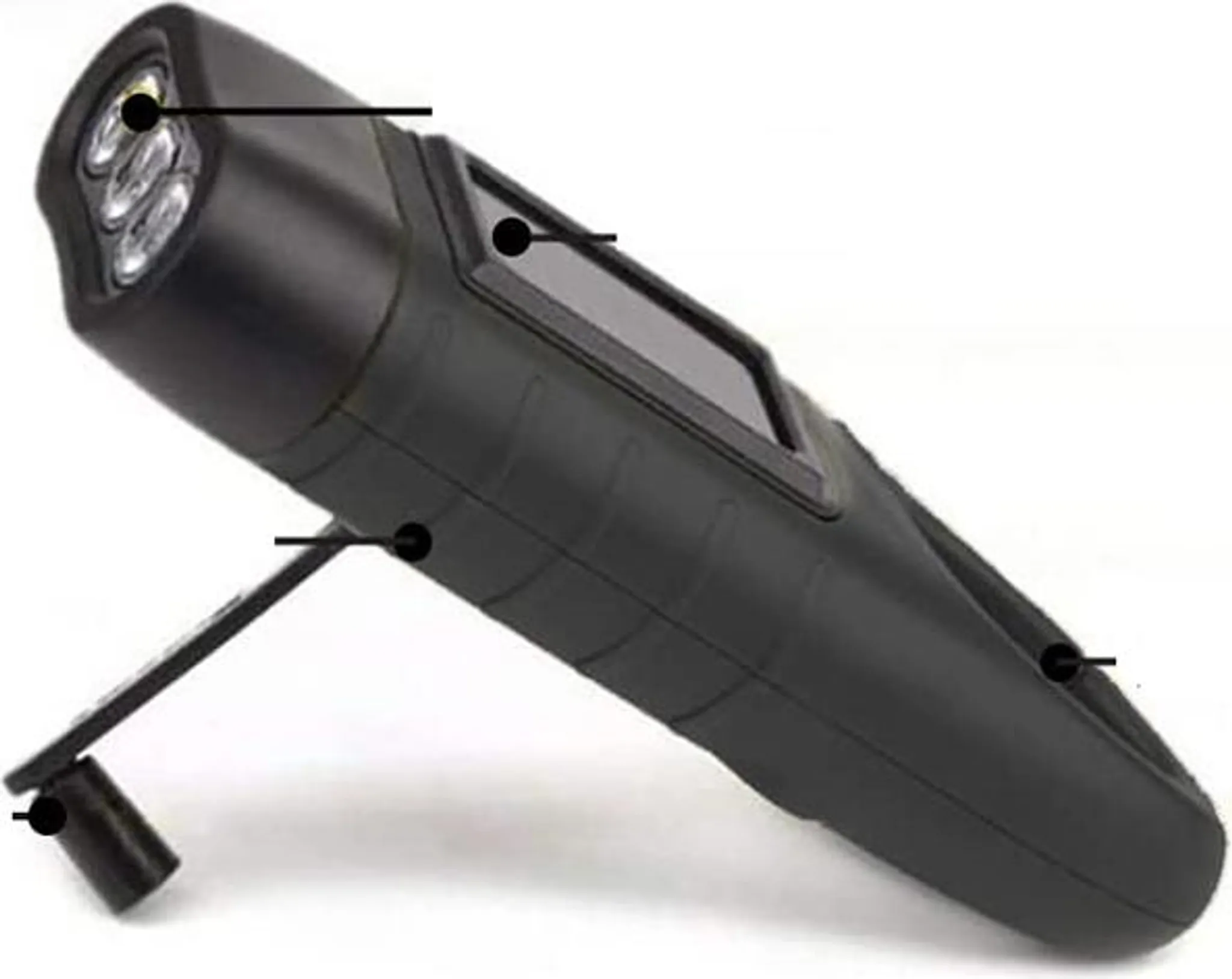 Schwarze Taschenlampe mit Kurbel und Solarpanel.