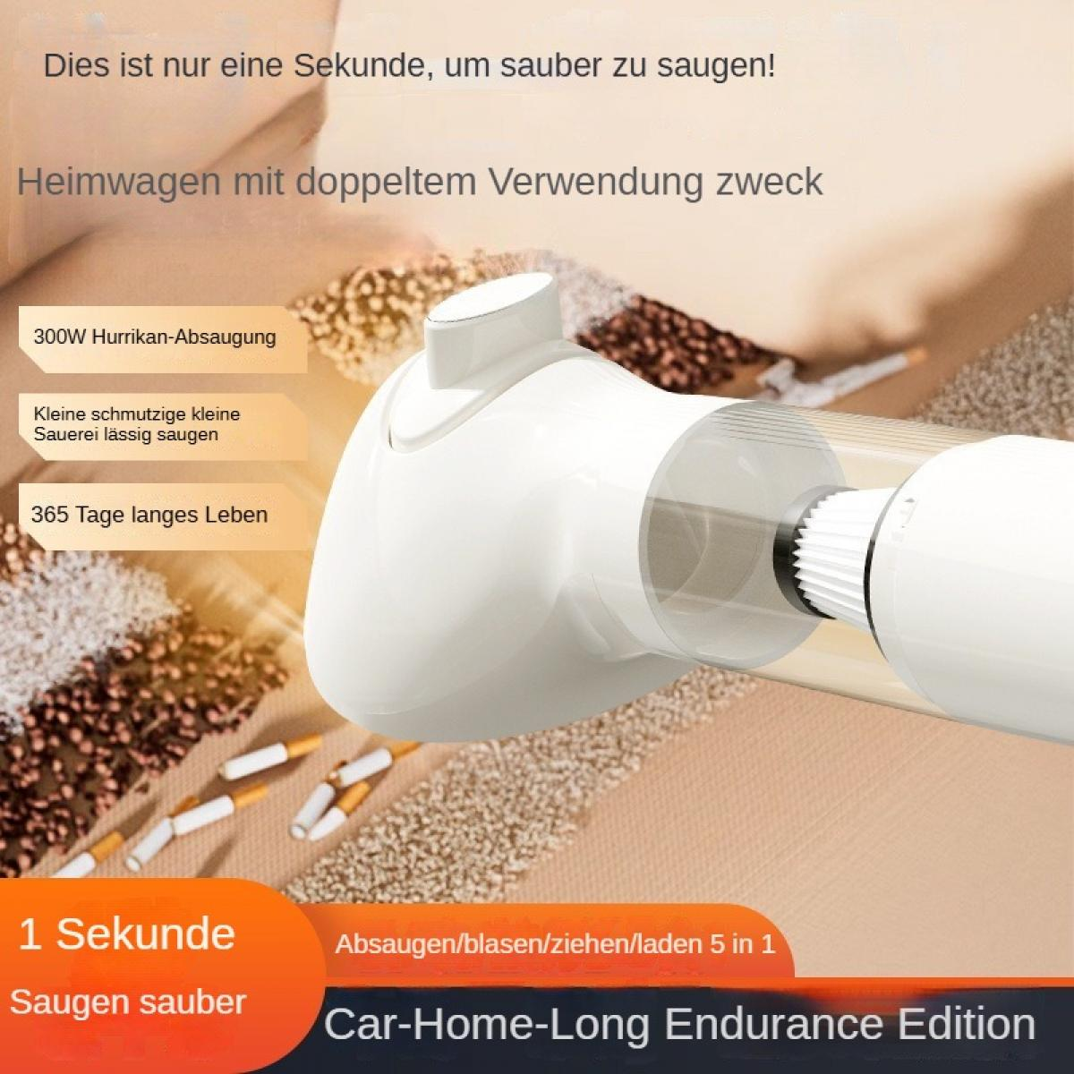 Ein weißer Handstaubsauger saugt Kaffeebohnen und Zigarettenstummel auf.